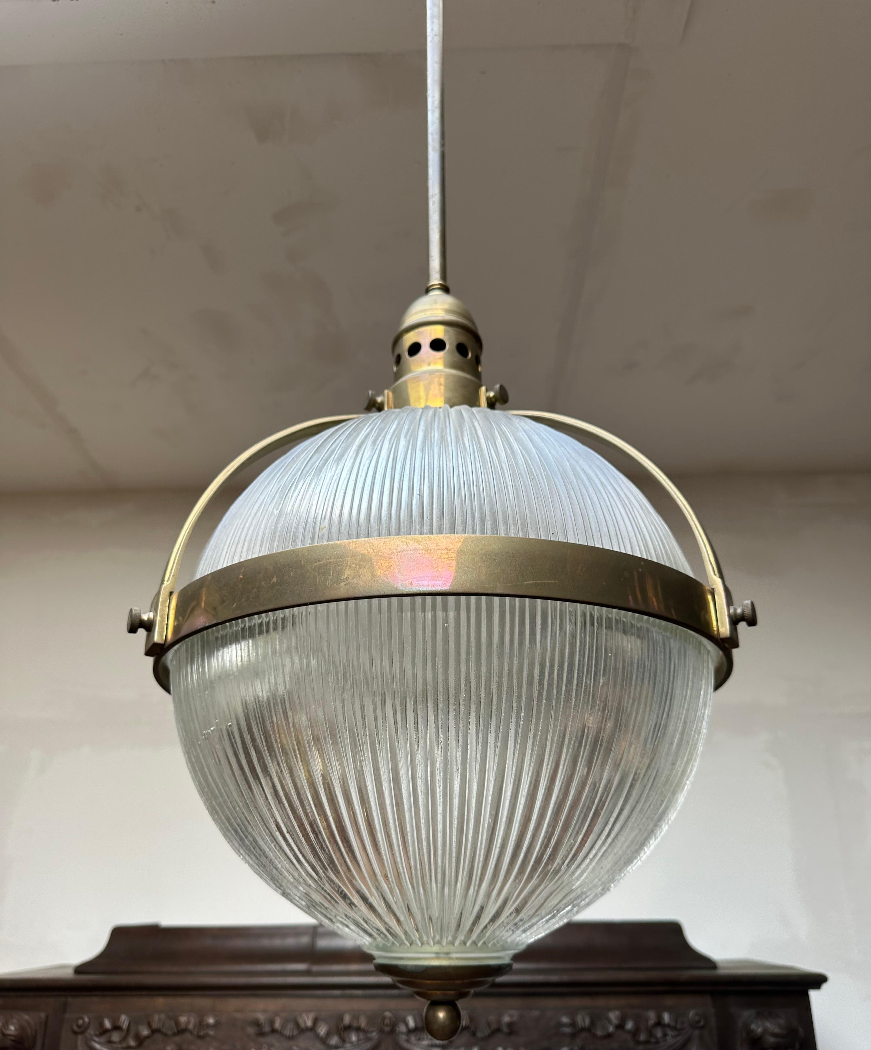 Largest Pair of Art Deco Style Bronze and Glass Holophane Style Pendant Lights For Sale 7