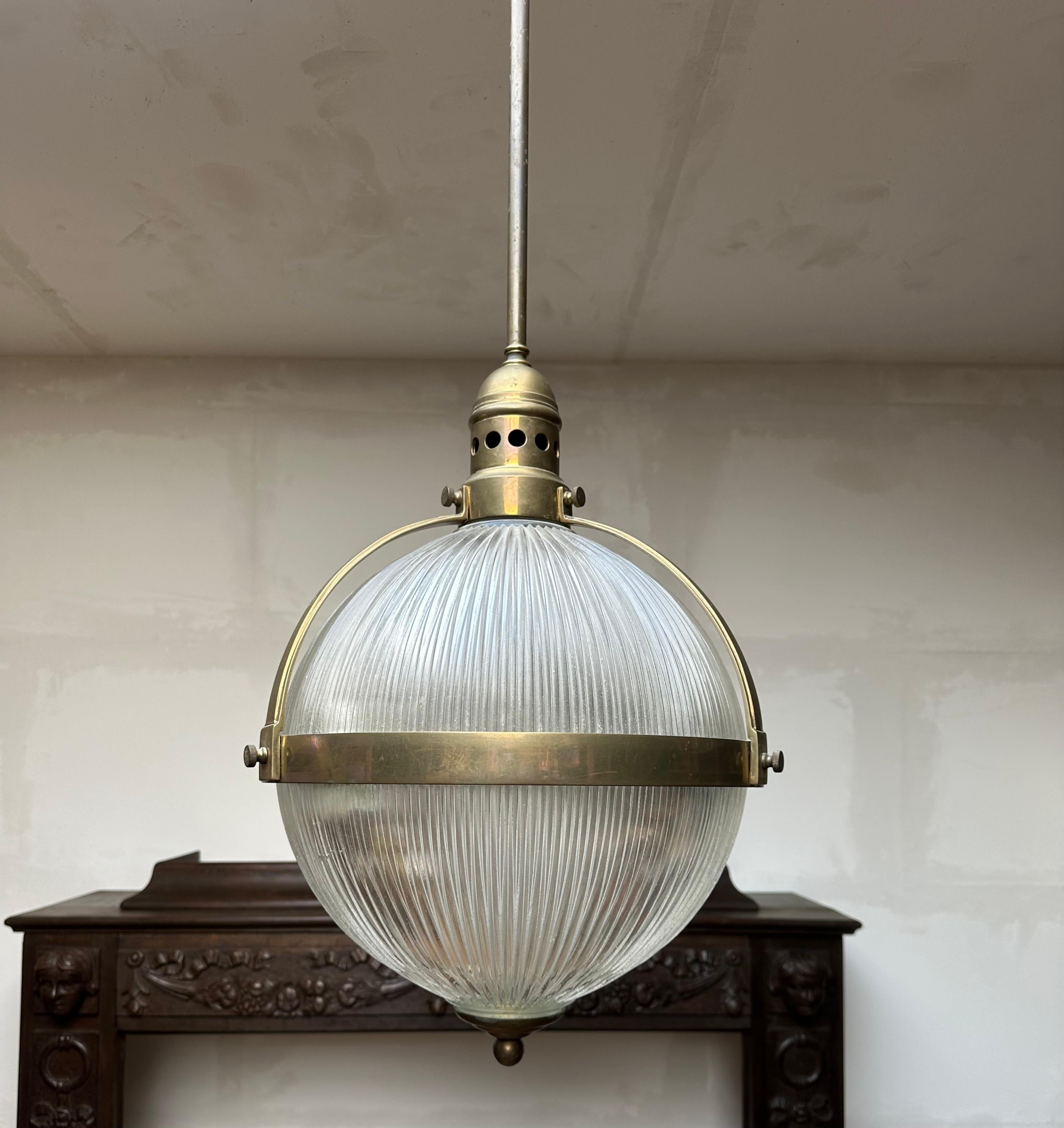 Largest Pair of Art Deco Style Bronze and Glass Holophane Style Pendant Lights For Sale 8