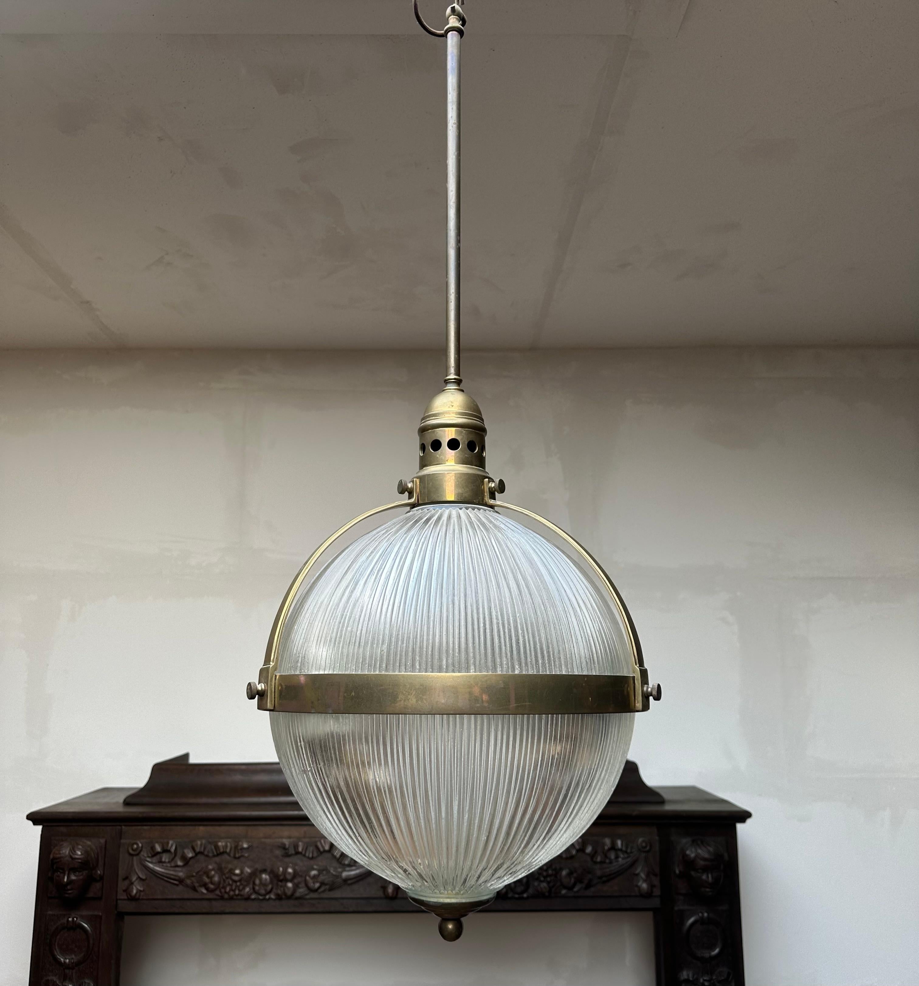 Largest Pair of Art Deco Style Bronze and Glass Holophane Style Pendant Lights For Sale 9