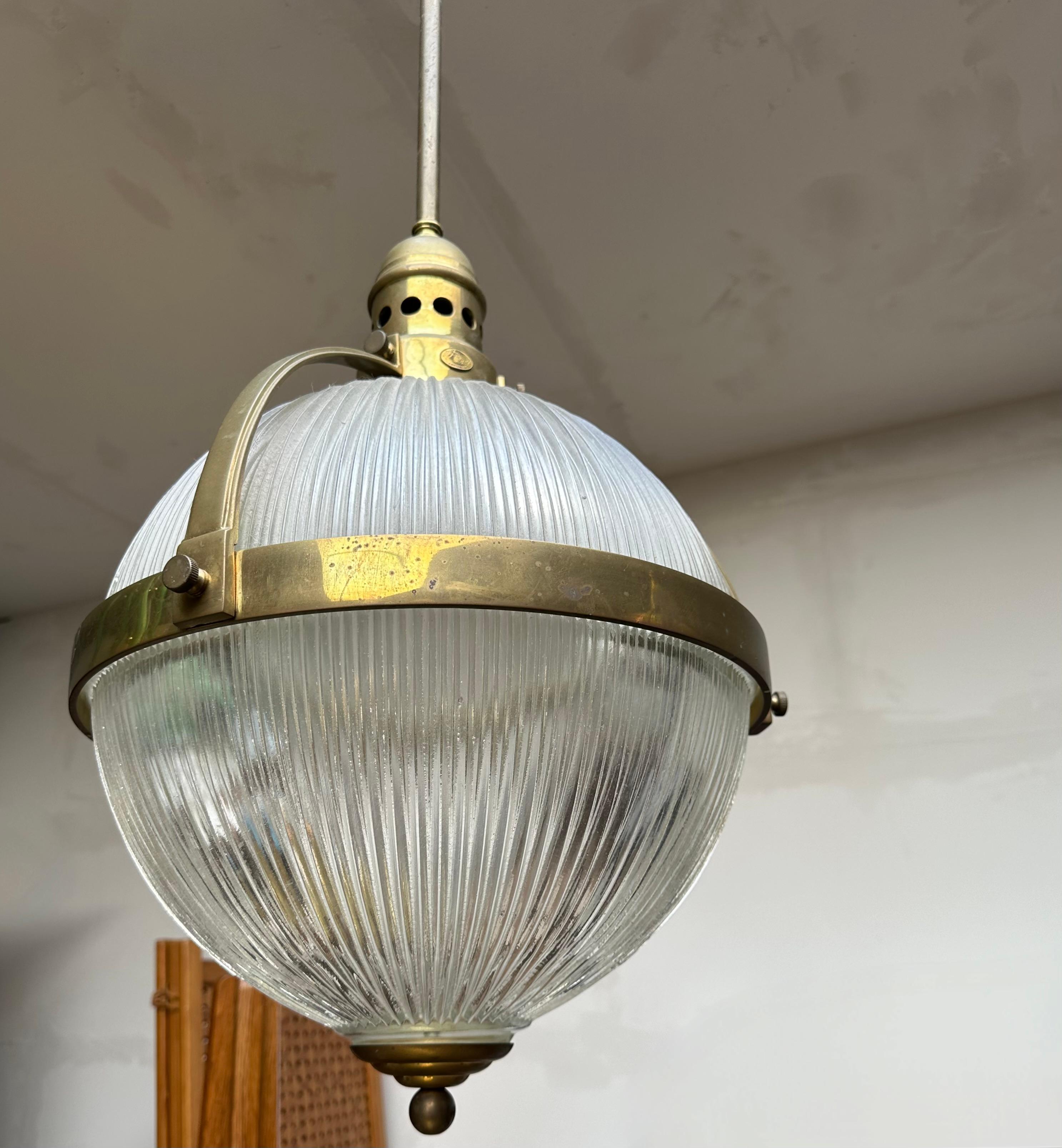 Largest Pair of Art Deco Style Bronze and Glass Holophane Style Pendant Lights For Sale 10