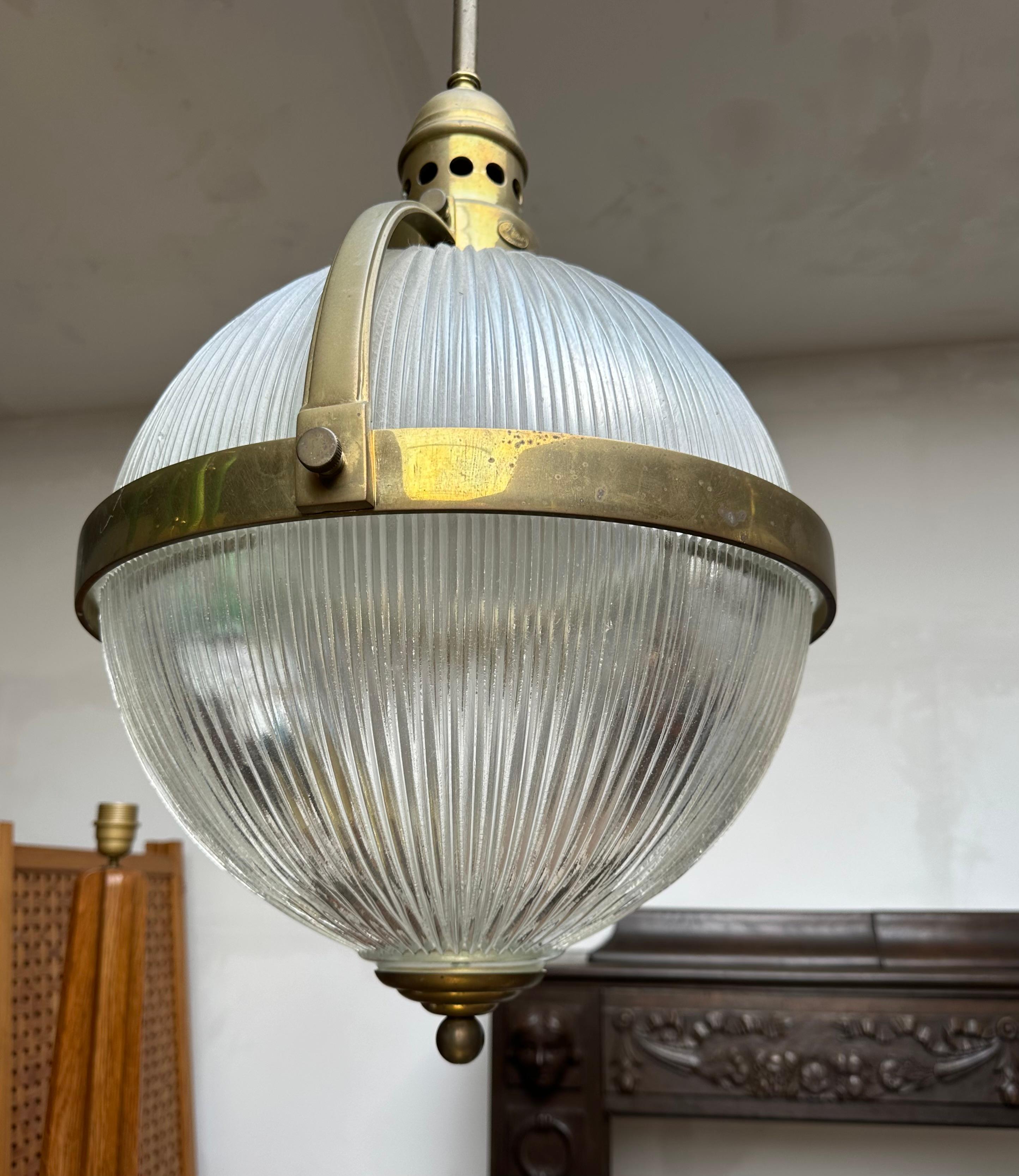Largest Pair of Art Deco Style Bronze and Glass Holophane Style Pendant Lights For Sale 12