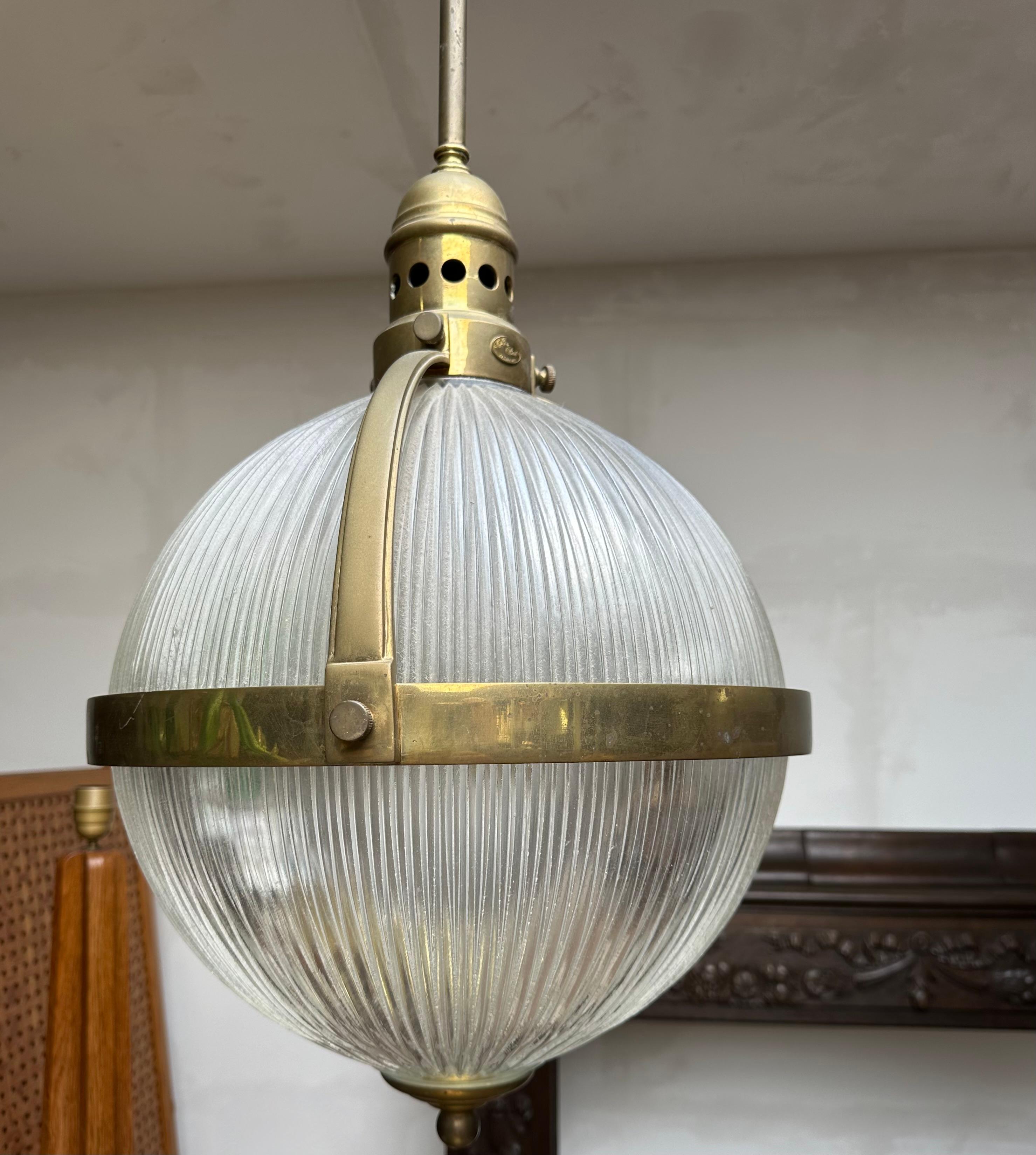 Largest Pair of Art Deco Style Bronze and Glass Holophane Style Pendant Lights For Sale 13