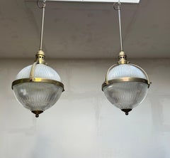 Largest Pair of Art Deco Style Bronze and Glass Holophane Style Pendant Lights