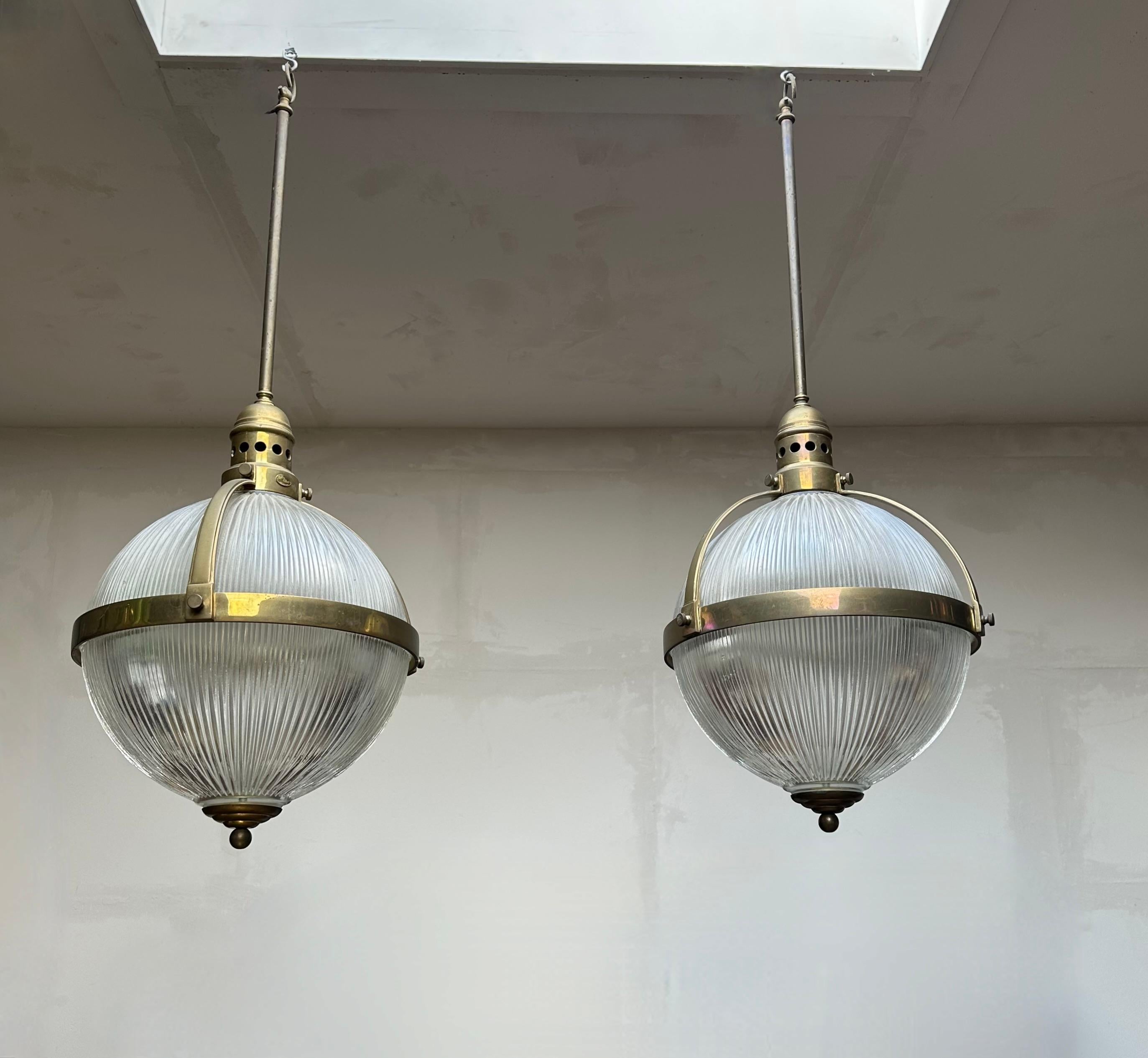 Largest Pair of Art Deco Style Bronze and Glass Holophane Style Pendant Lights For Sale 6