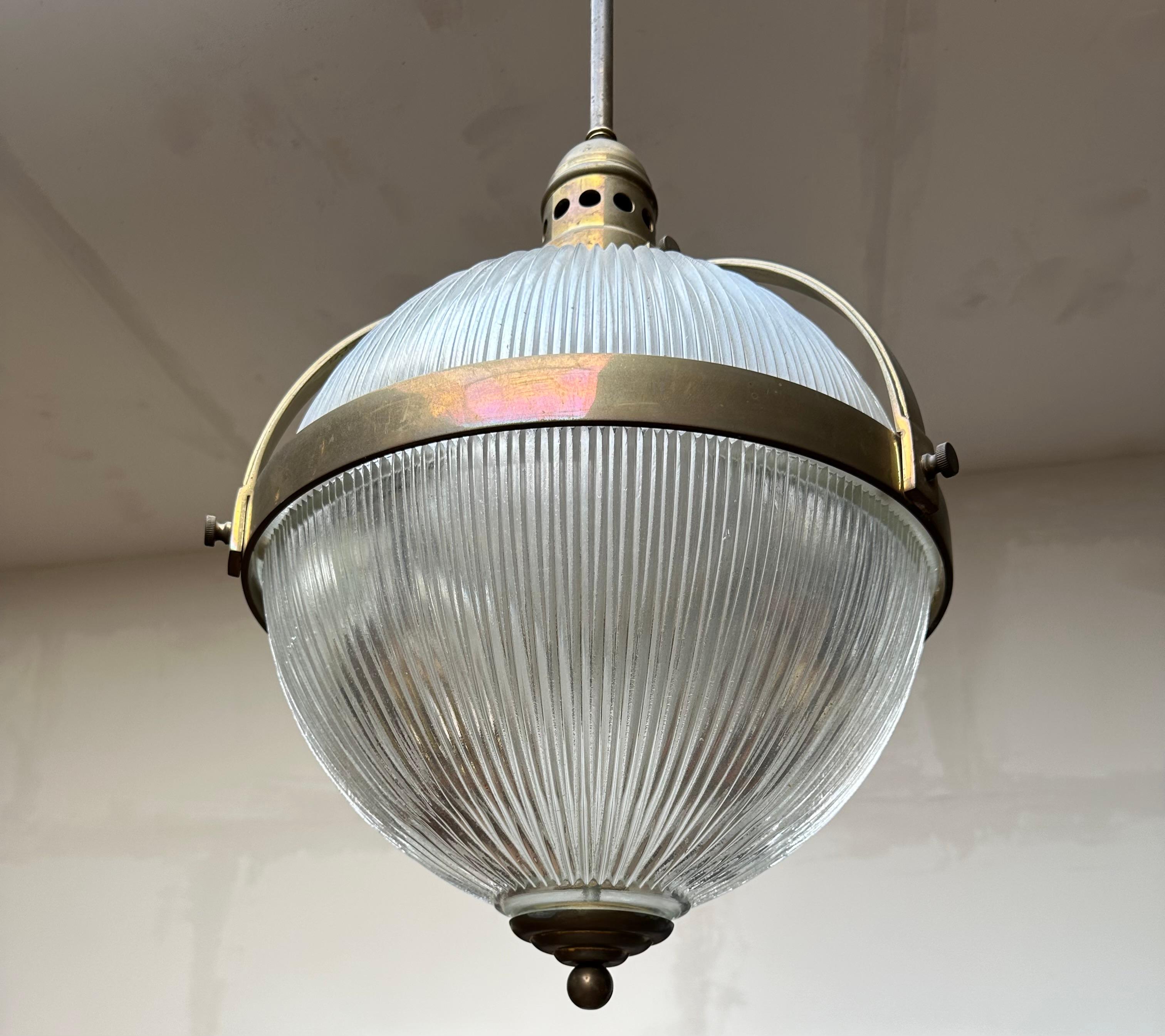 European Largest Pair of Art Deco Style Bronze and Glass Holophane Style Pendant Lights For Sale