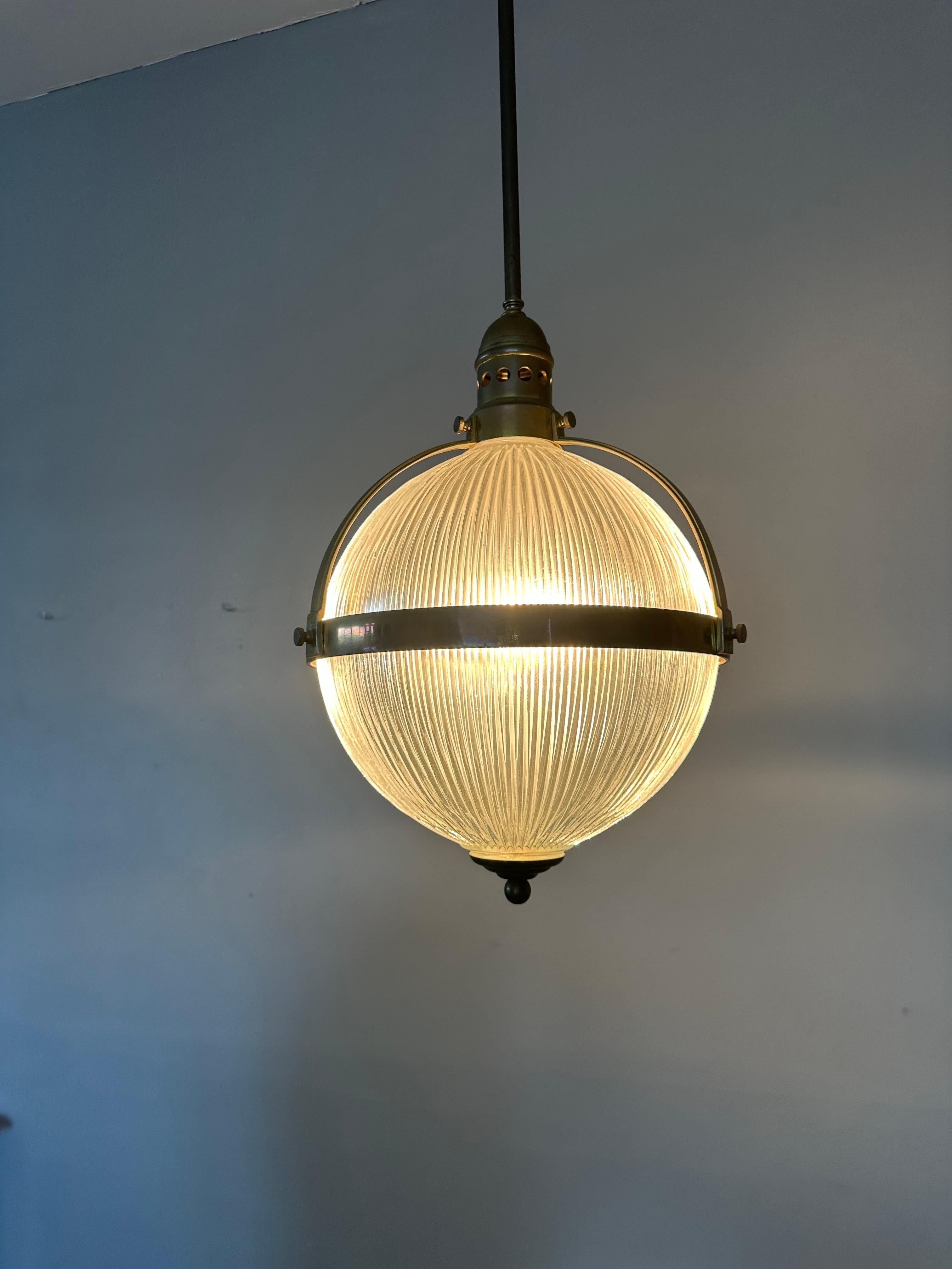 Largest Pair of Art Deco Style Bronze and Glass Holophane Style Pendant Lights In Good Condition For Sale In Lisse, NL