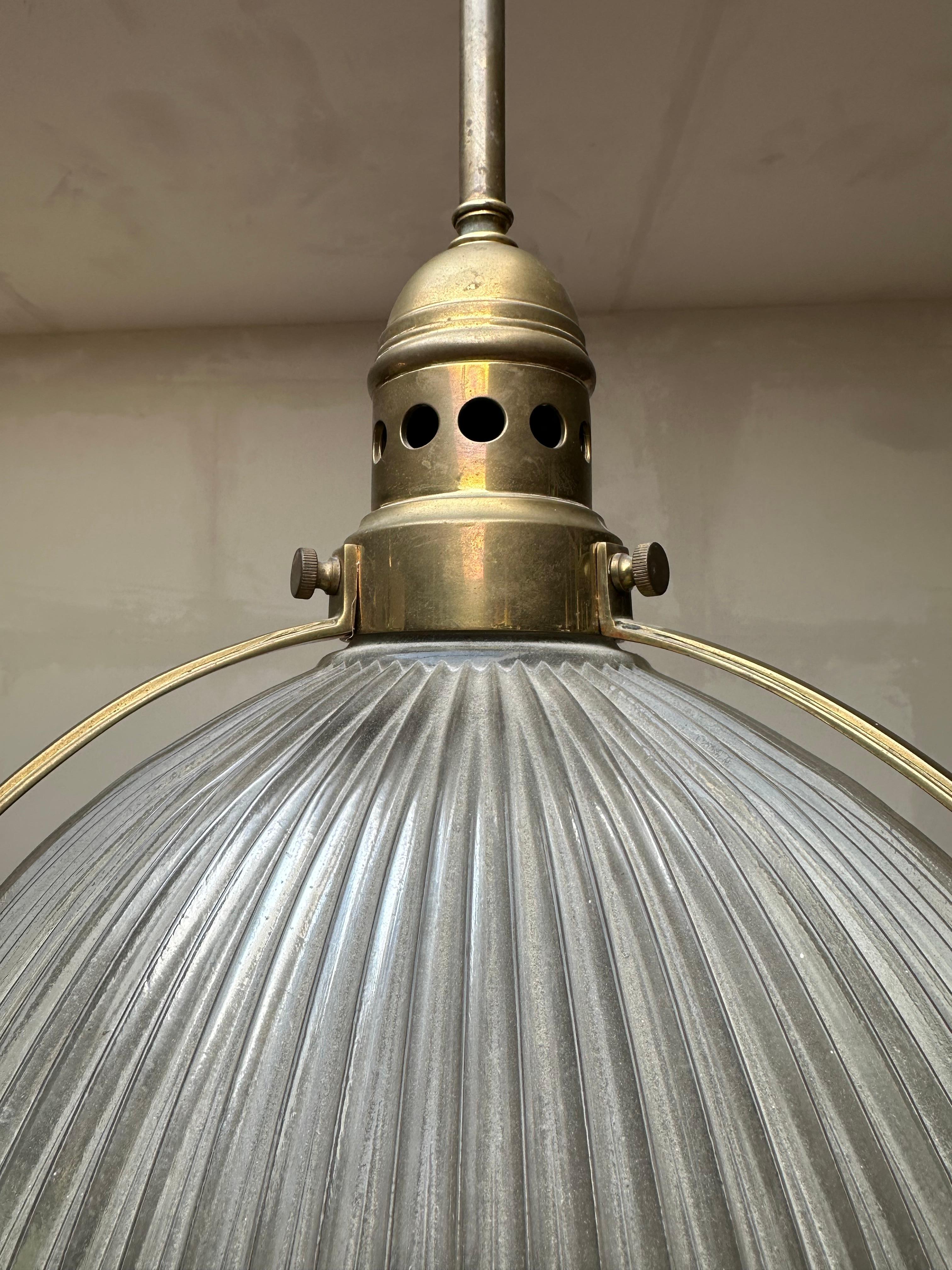 Largest Pair of Art Deco Style Bronze and Glass Holophane Style Pendant Lights For Sale 2