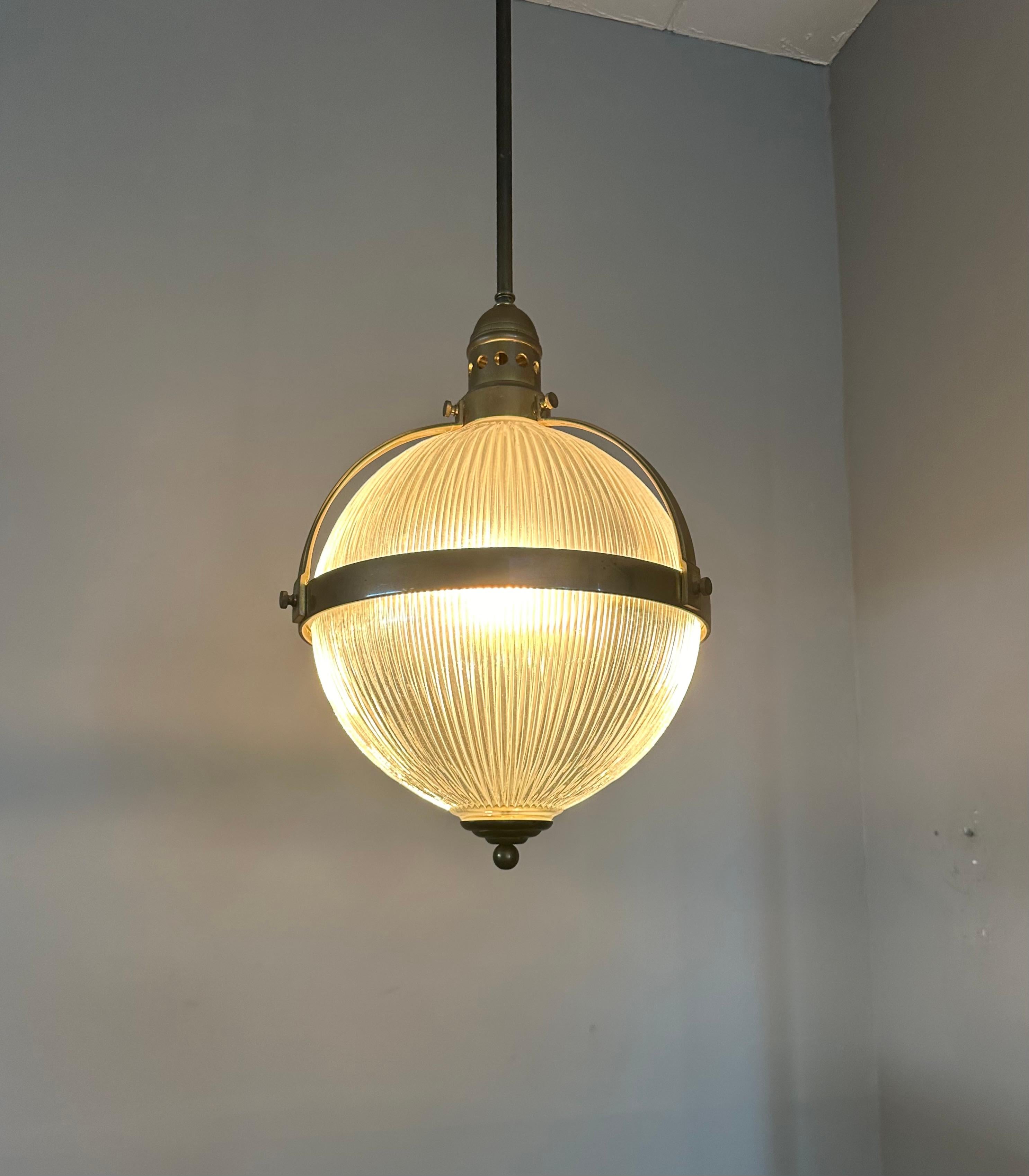 20th Century Largest Pair of Art Deco Style Bronze and Glass Holophane Style Pendant Lights For Sale