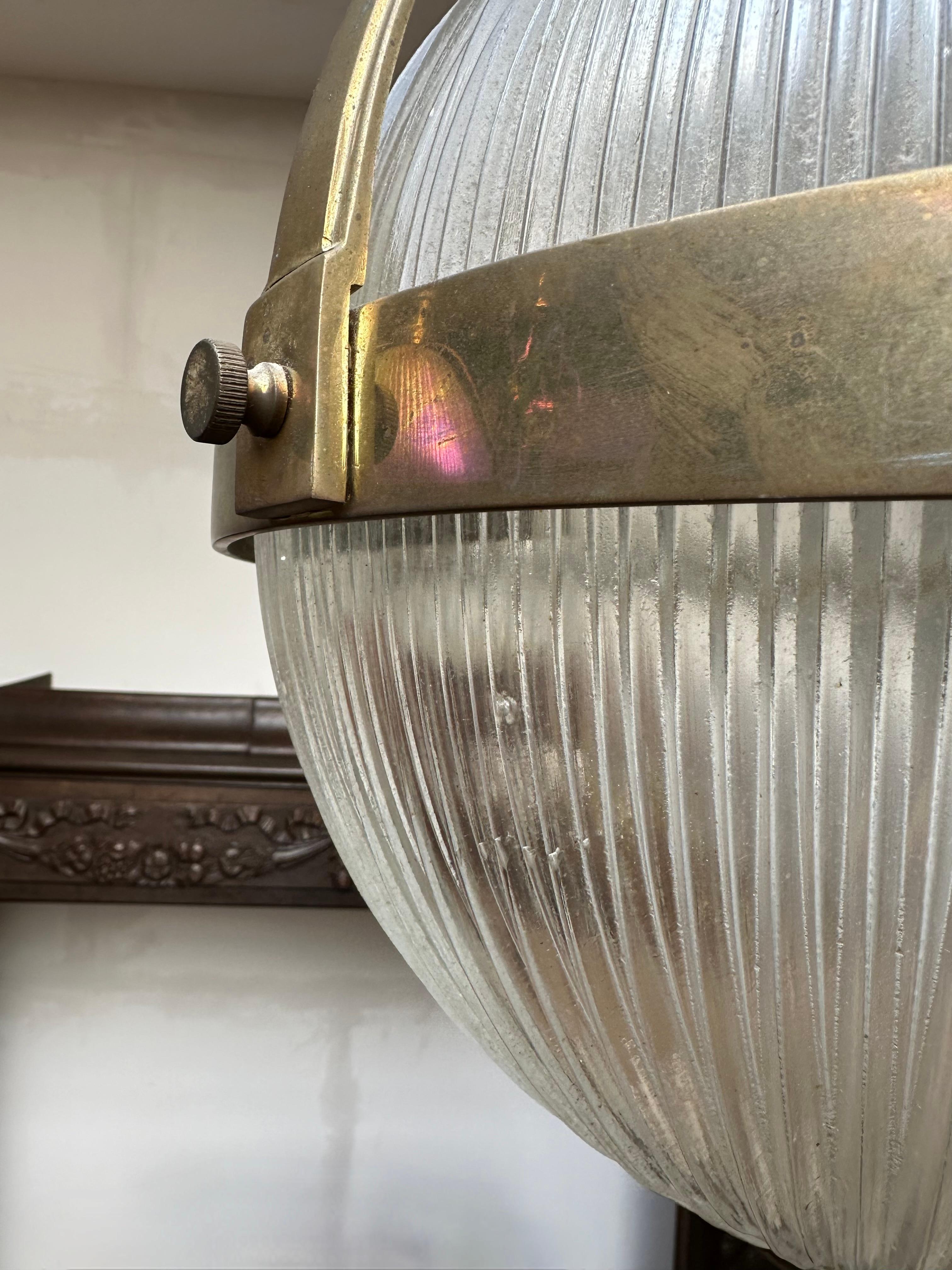 Largest Pair of Art Deco Style Bronze and Glass Holophane Style Pendant Lights 4
