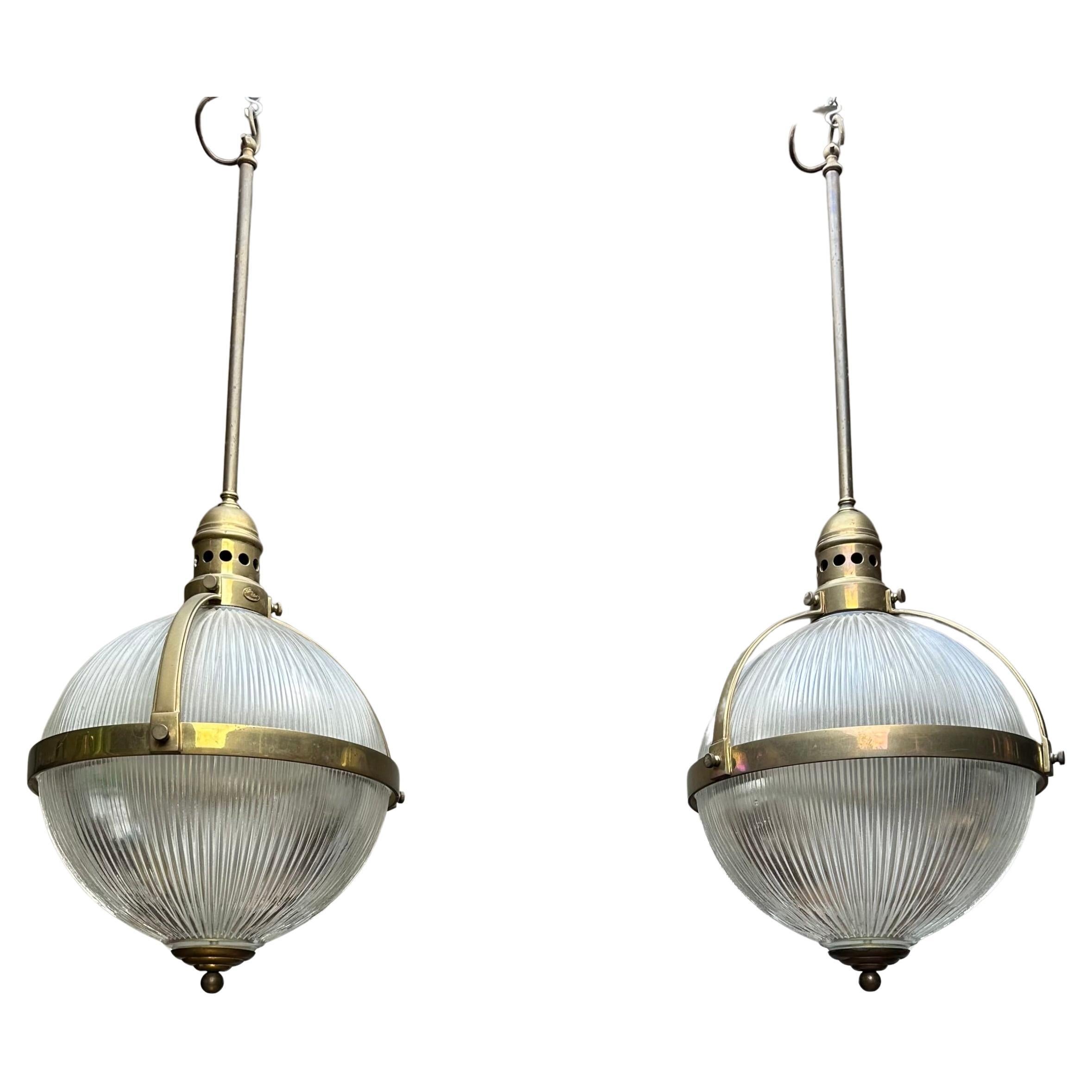 Largest Pair of Art Deco Style Bronze and Glass Holophane Style Pendant Lights For Sale