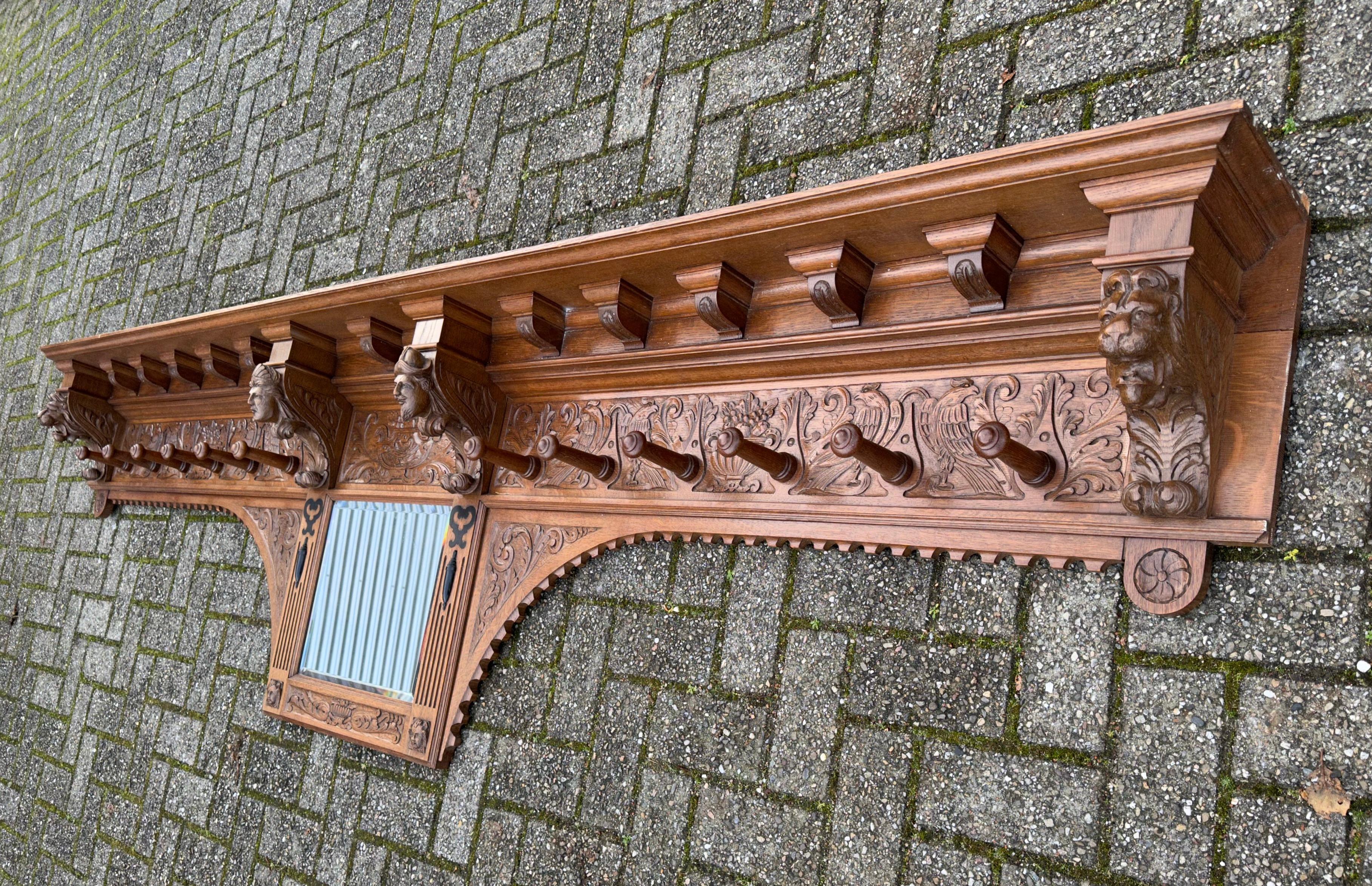 Dutch Largest & Unique Renaissance Revival Oak Wall Coat Rack with Sculptures & Mirror For Sale