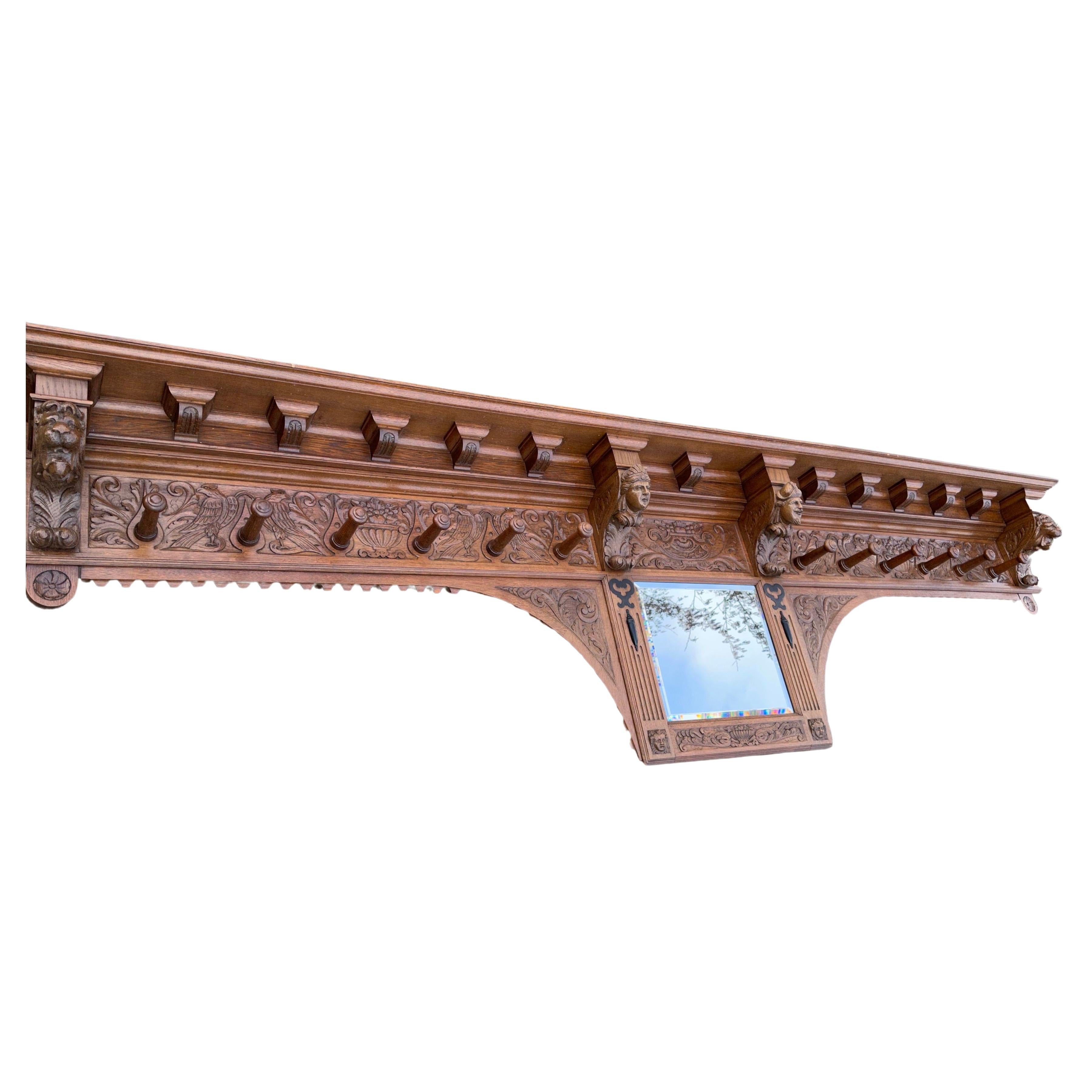 Largest & Unique Renaissance Revival Oak Wall Coat Rack with Sculptures & Mirror For Sale