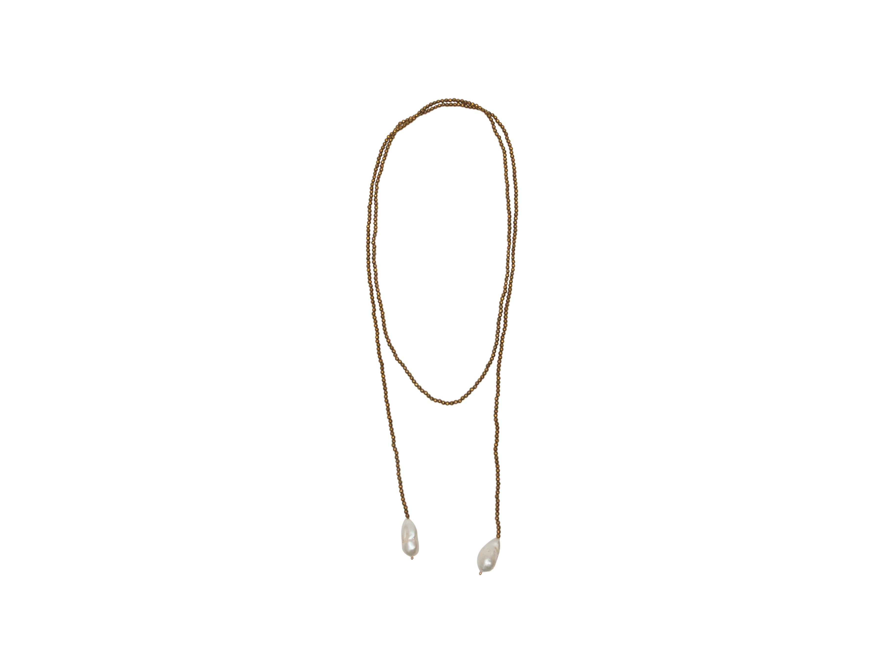Product details: Bronze bead lariat necklace with baroque pearl ends. 51