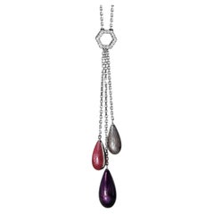 Chaîne Lariat en or blanc 18 carats, émail violet, rose et argent - 18 diamants