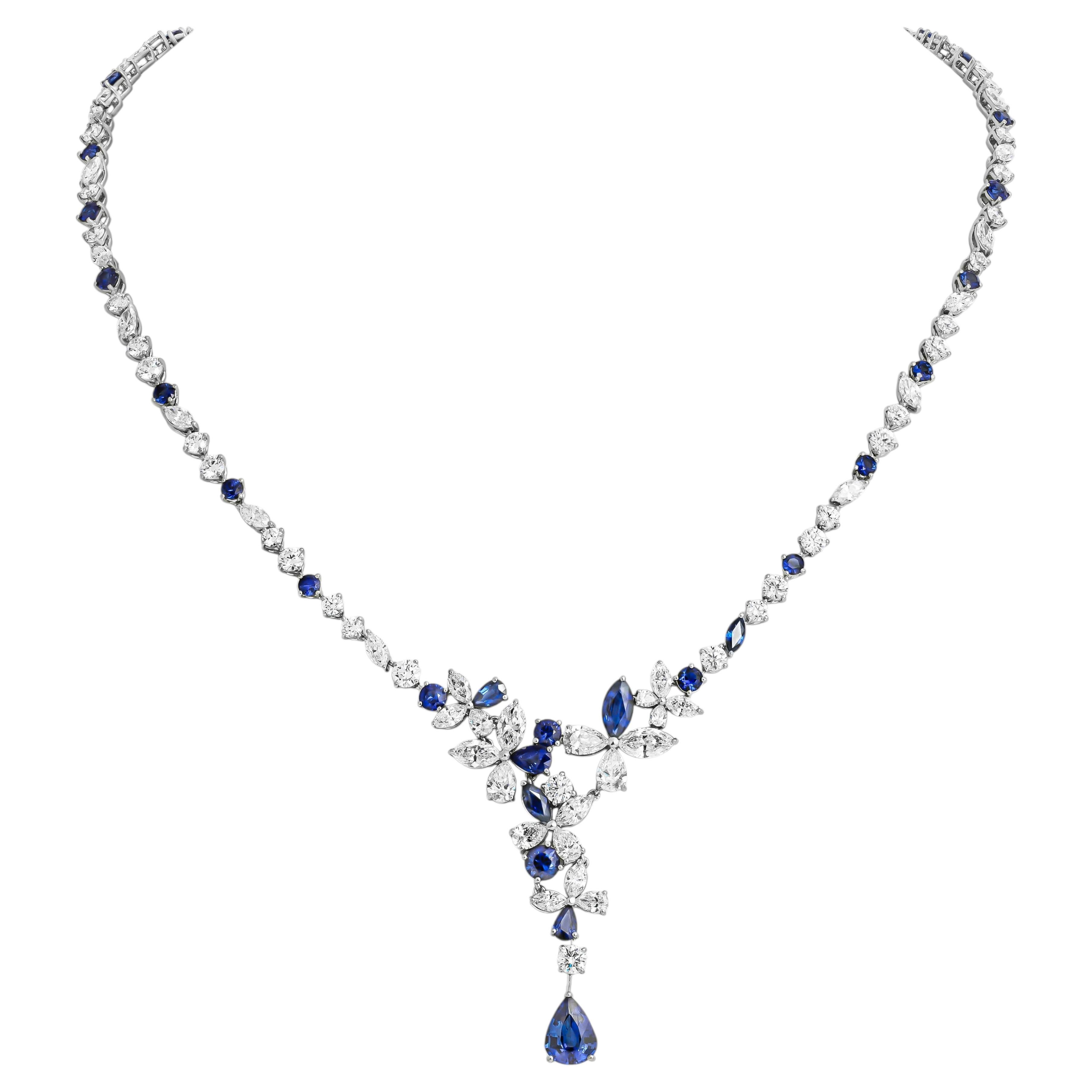 Lariat Cluster Necklace with Diamonds and Sapphires For Sale