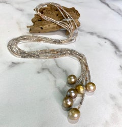 Lariat Style Peach and Grey Moonstone Necklaces with Edison Pearls, Set of 3