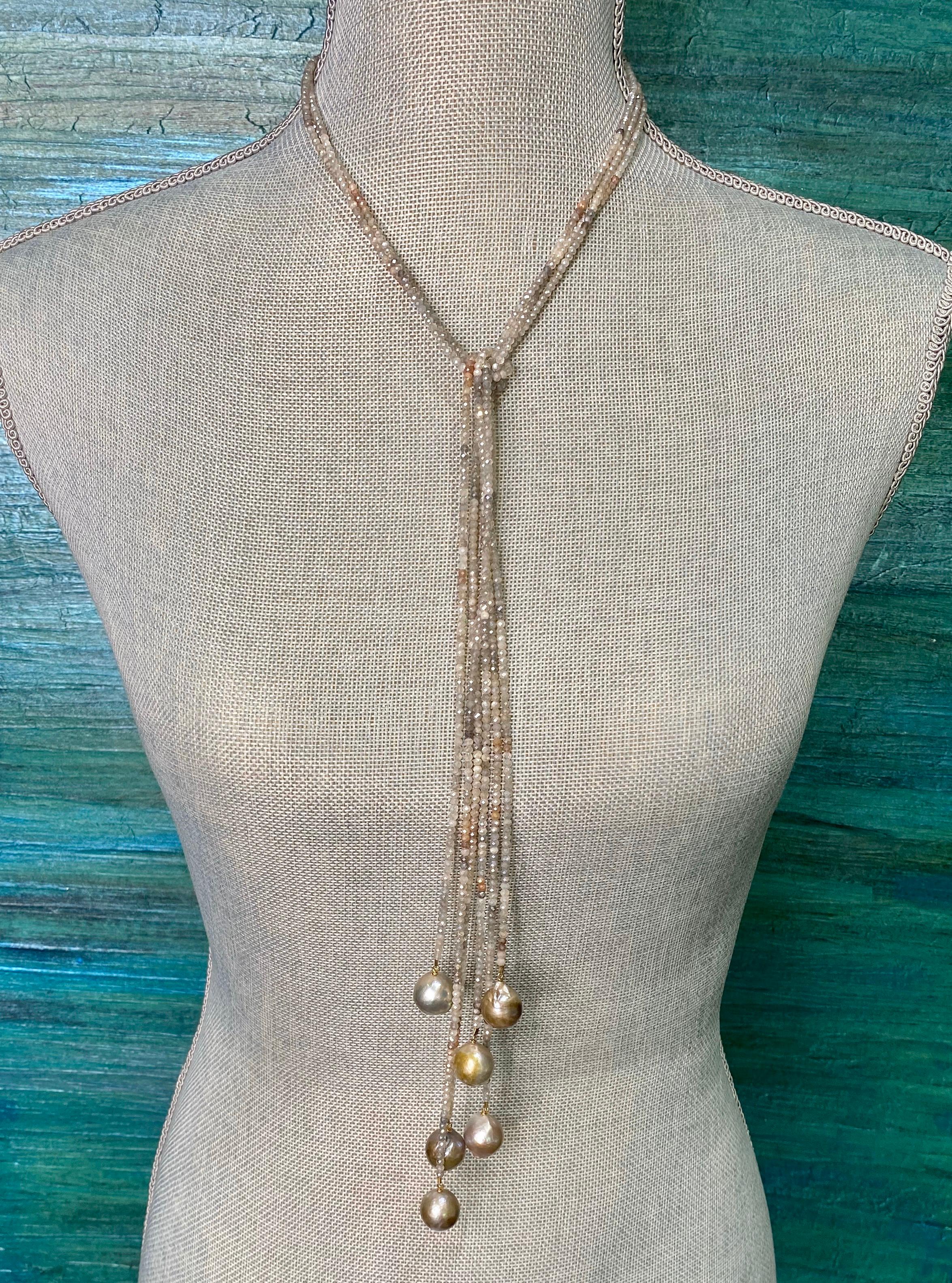 Contemporary Lariat Style Peach and Grey Moonstone Necklaces with Edison Pearls, Set of 3 For Sale