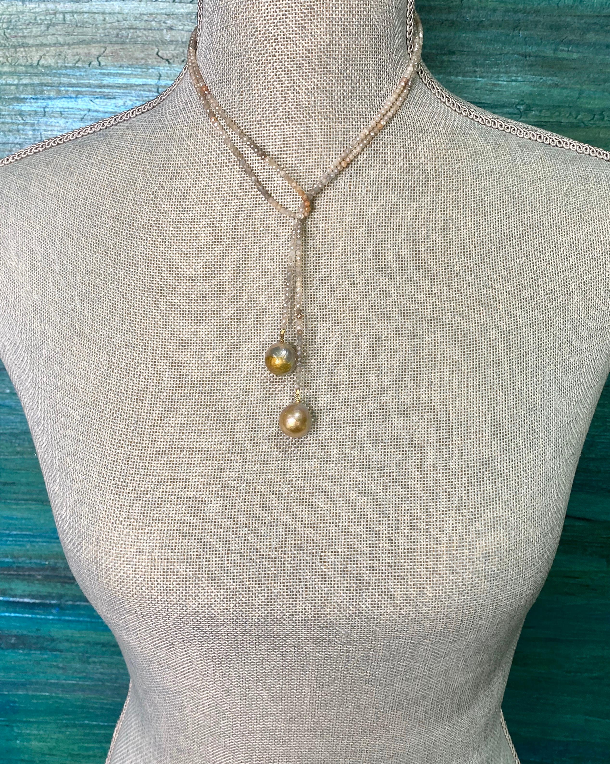 Lariat Style Peach and Grey Moonstone Necklaces with Edison Pearls, Set of 3 In New Condition For Sale In Miramar Beach, FL