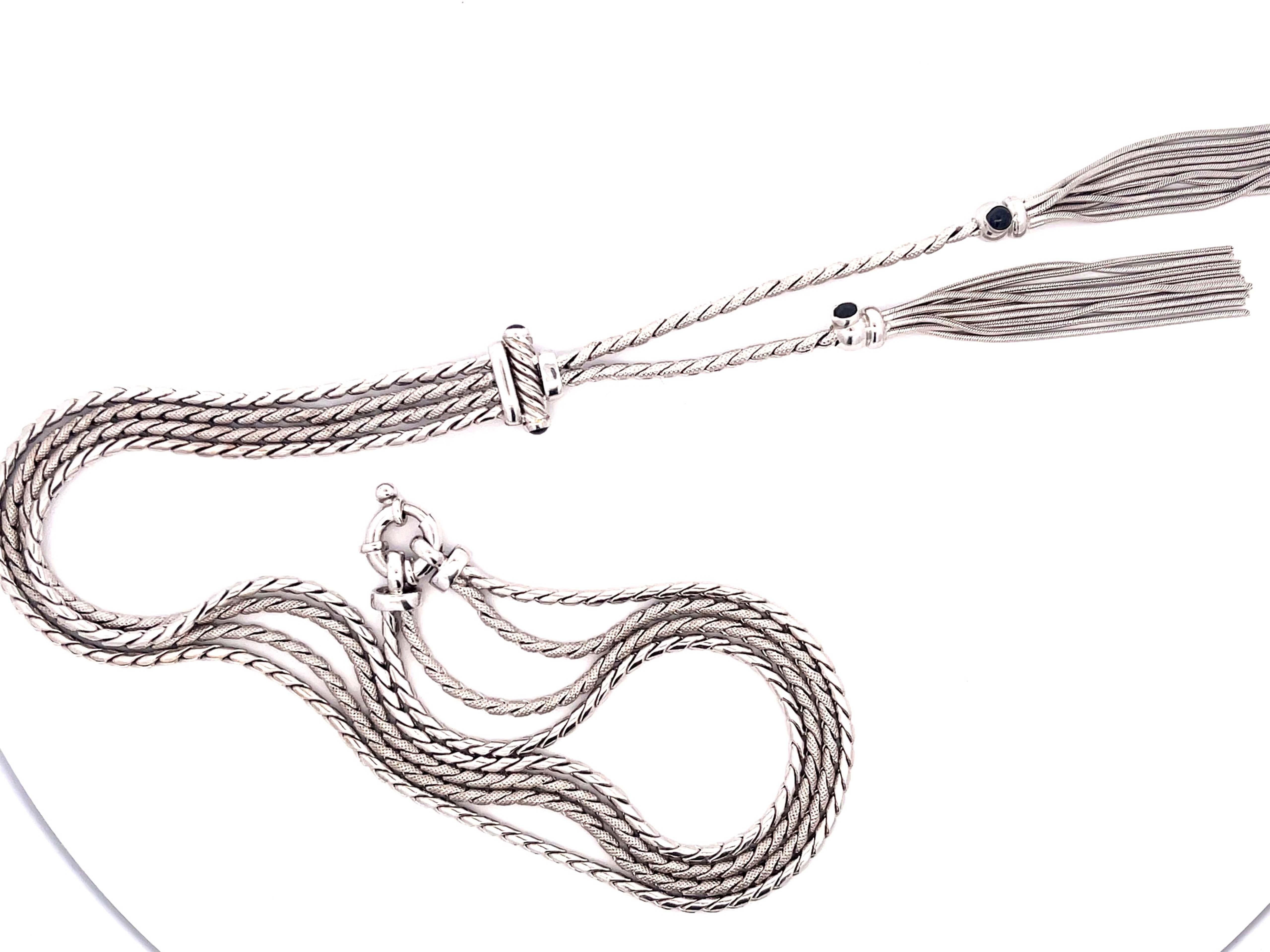 Cabochon Lariette Tassle Necklace with Blue Sapphires in 14k White Gold For Sale