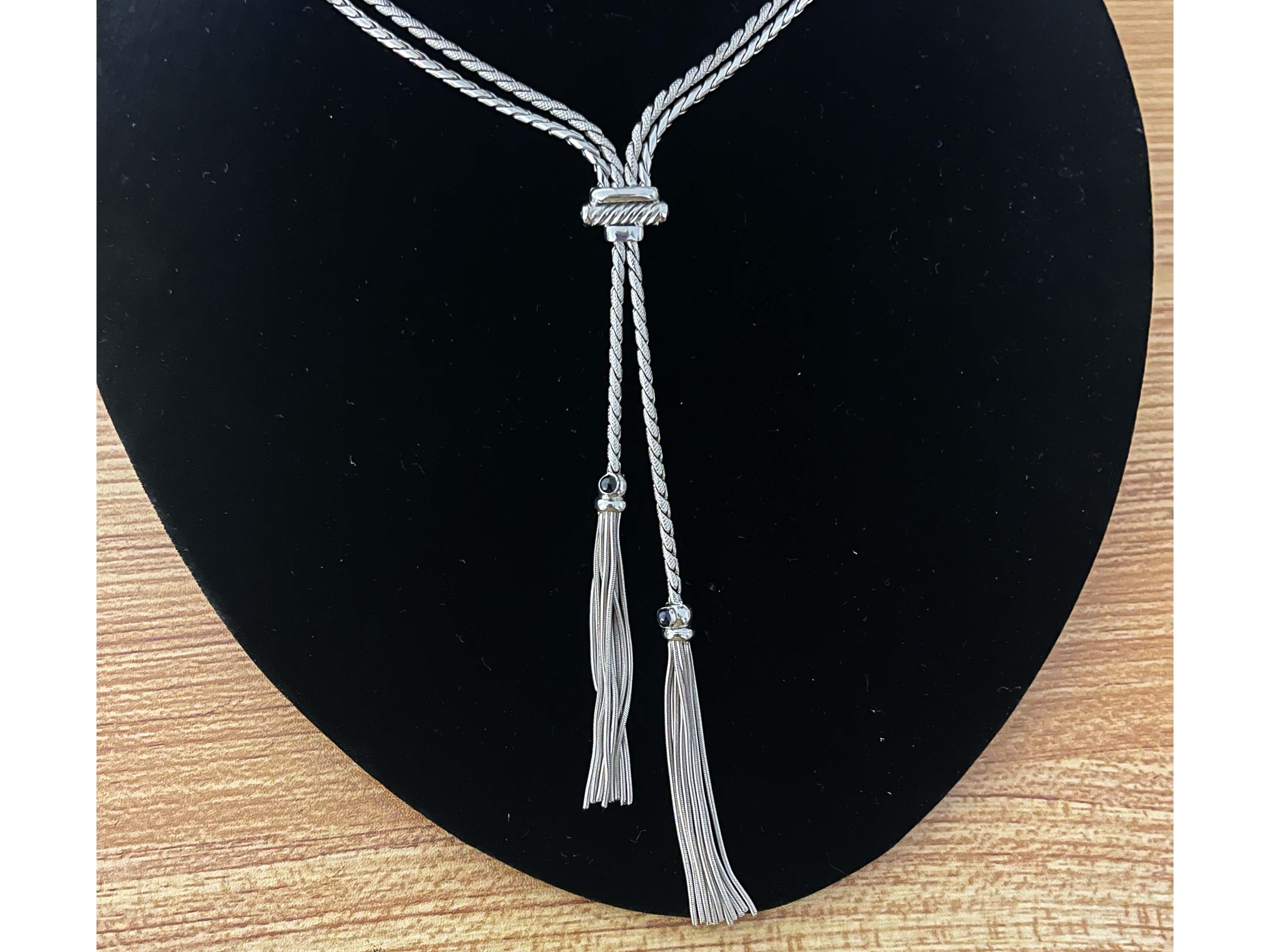 Lariette Tassle Necklace with Blue Sapphires in 14k White Gold For Sale 2