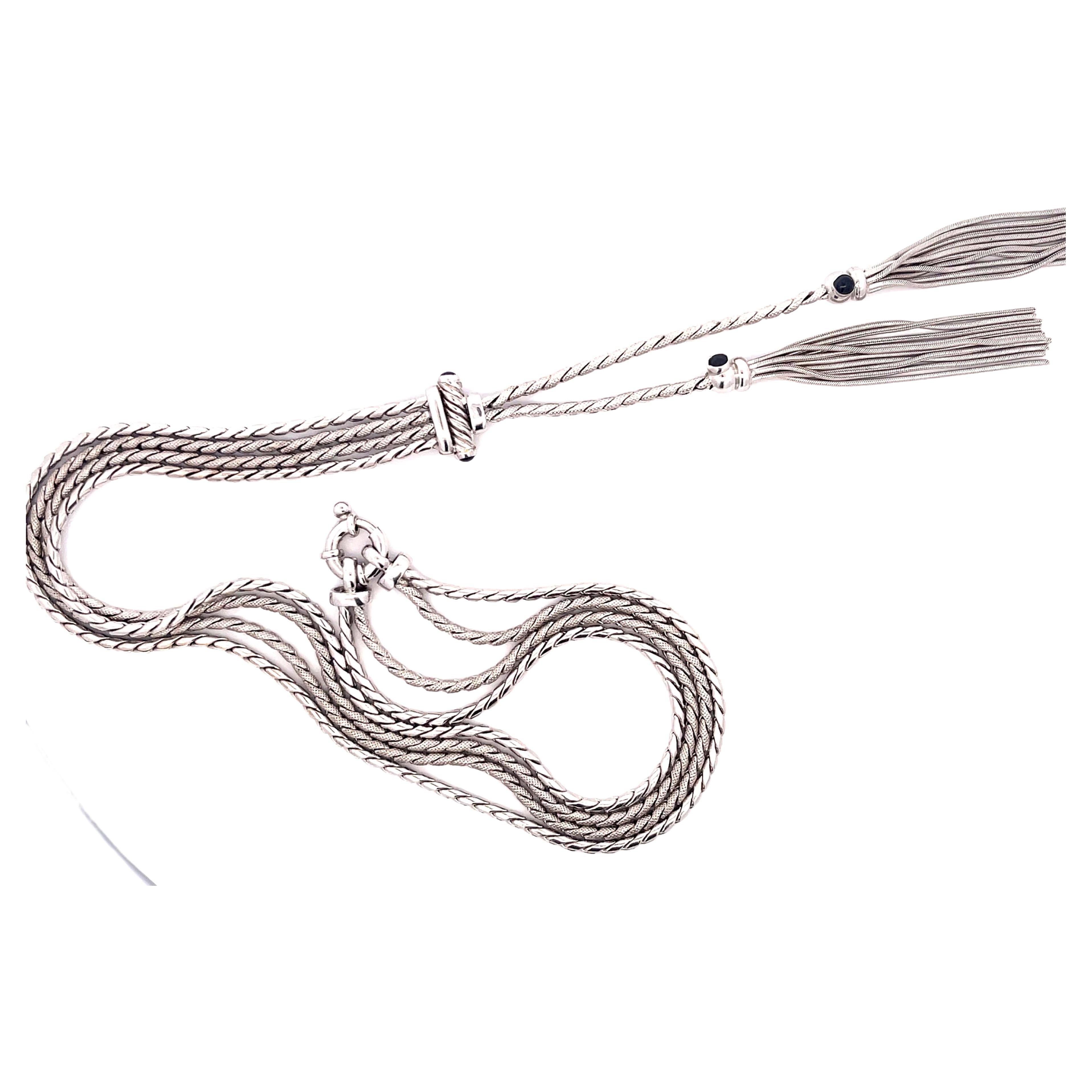 Lariette Tassle Necklace with Blue Sapphires in 14k White Gold For Sale
