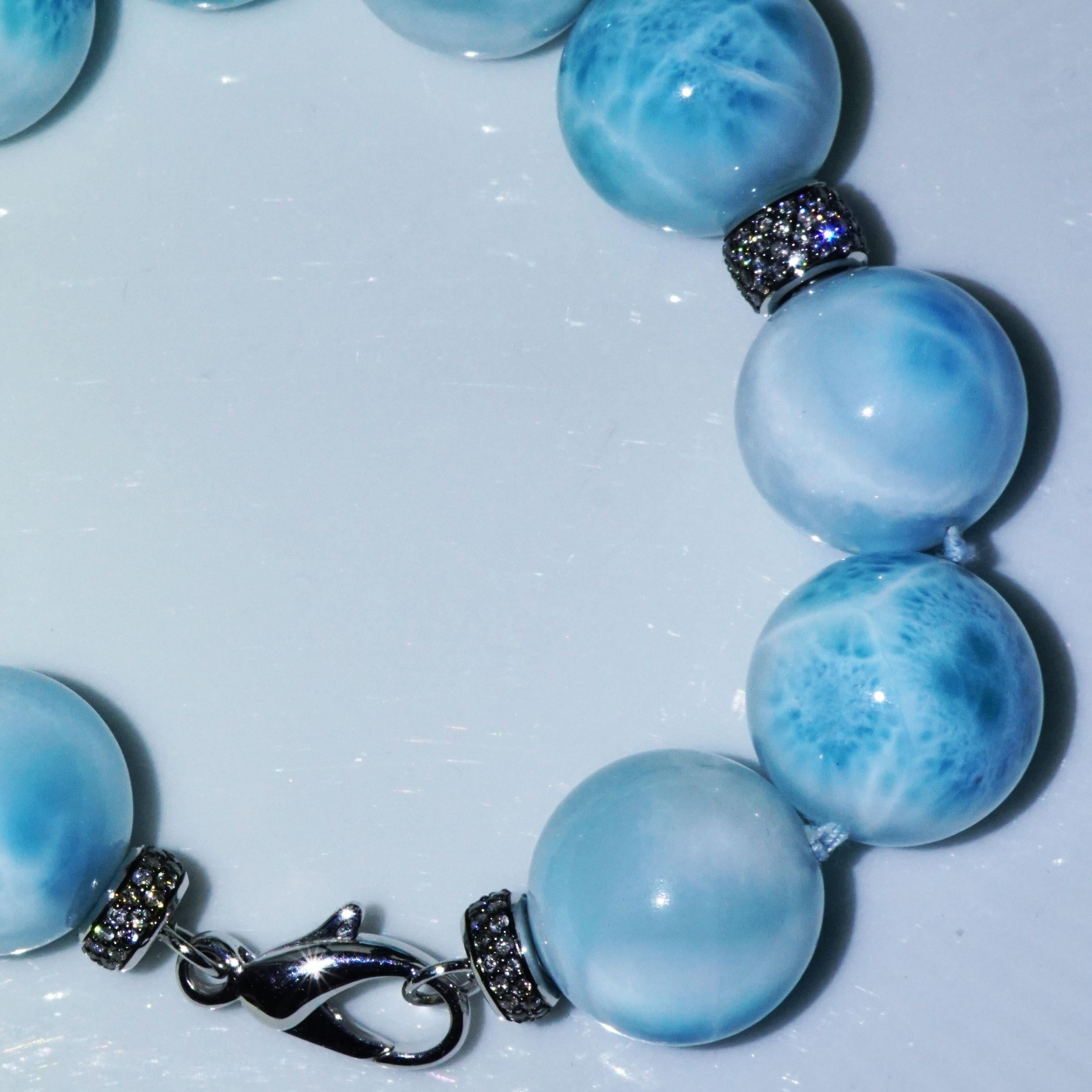 Larimar Ball Bracelet with 2.37 ct Grey Diamonds Skyblue Cloudy Beauty AAA+ 20mm For Sale 6