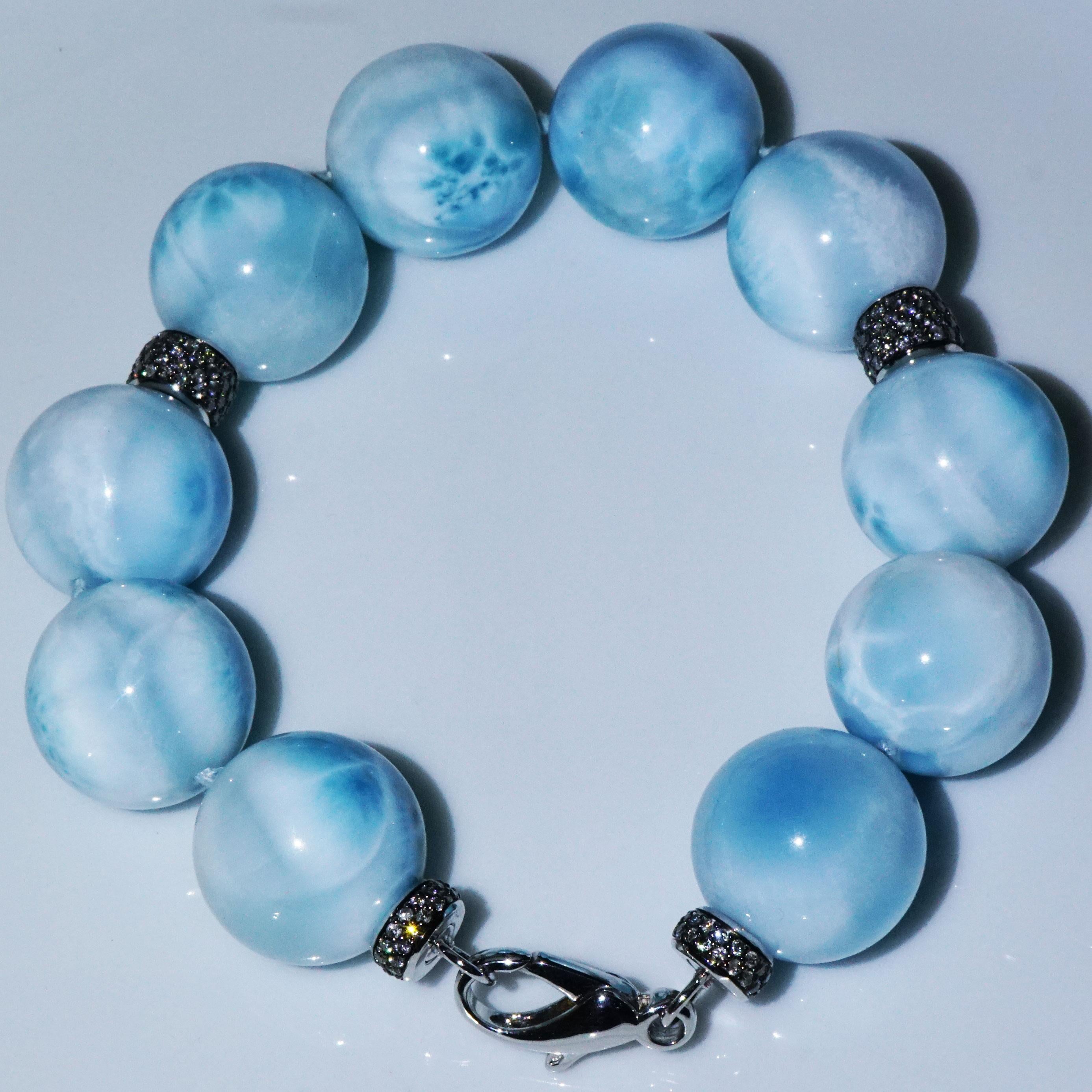 Larimar Ball Bracelet with 2.37 ct Grey Diamonds Skyblue Cloudy Beauty AAA+ 20mm For Sale 7