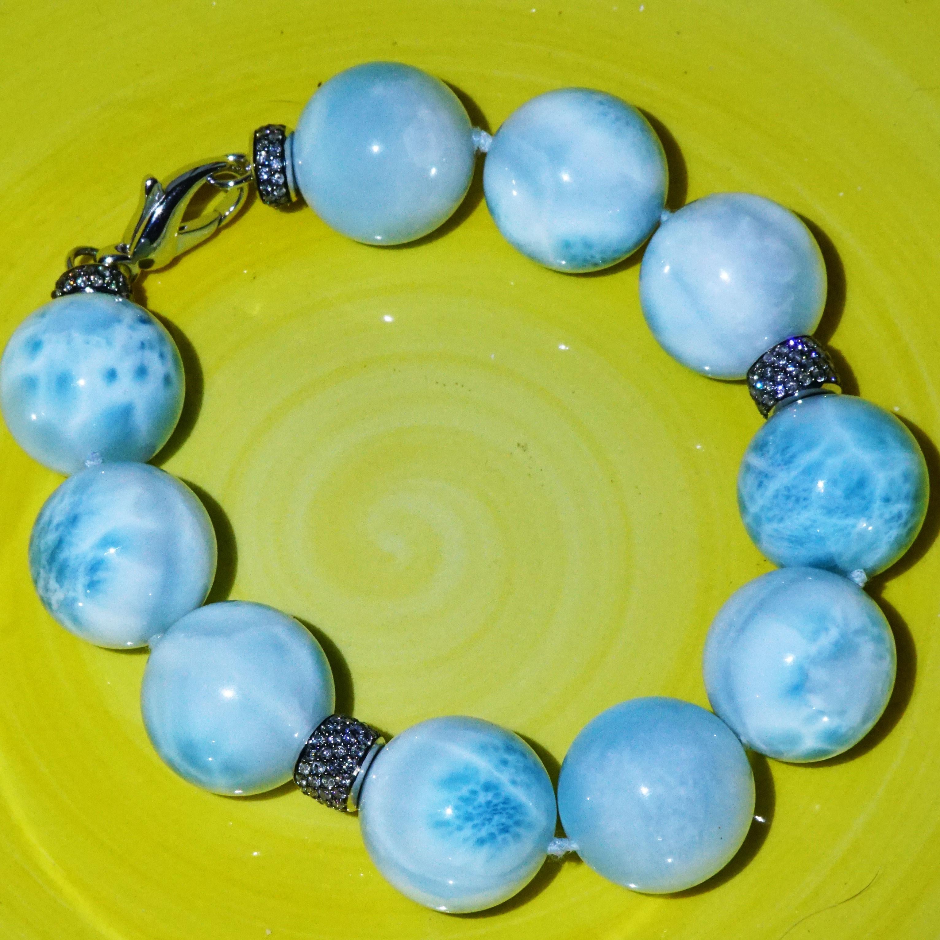Larimar Ball Bracelet with 2.37 ct Grey Diamonds Skyblue Cloudy Beauty AAA+ 20mm For Sale 8