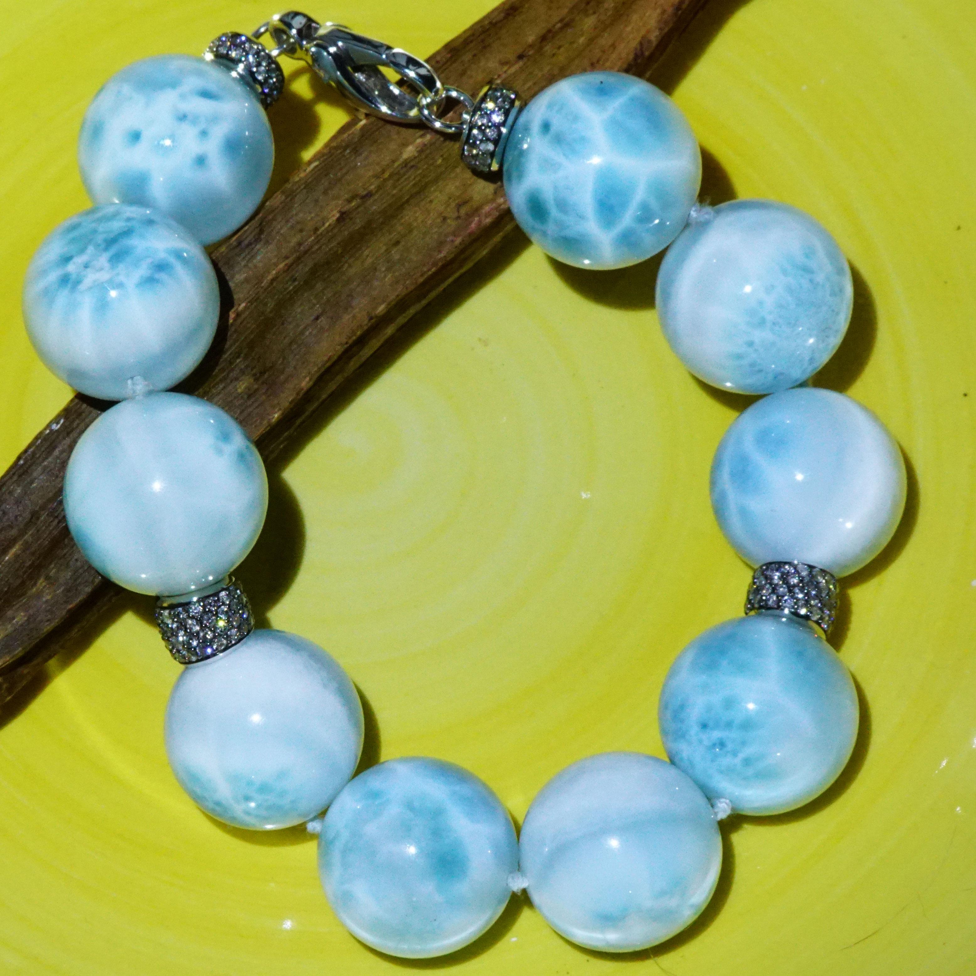 Larimar Ball Bracelet with 2.37 ct Grey Diamonds Skyblue Cloudy Beauty AAA+ 20mm For Sale 9