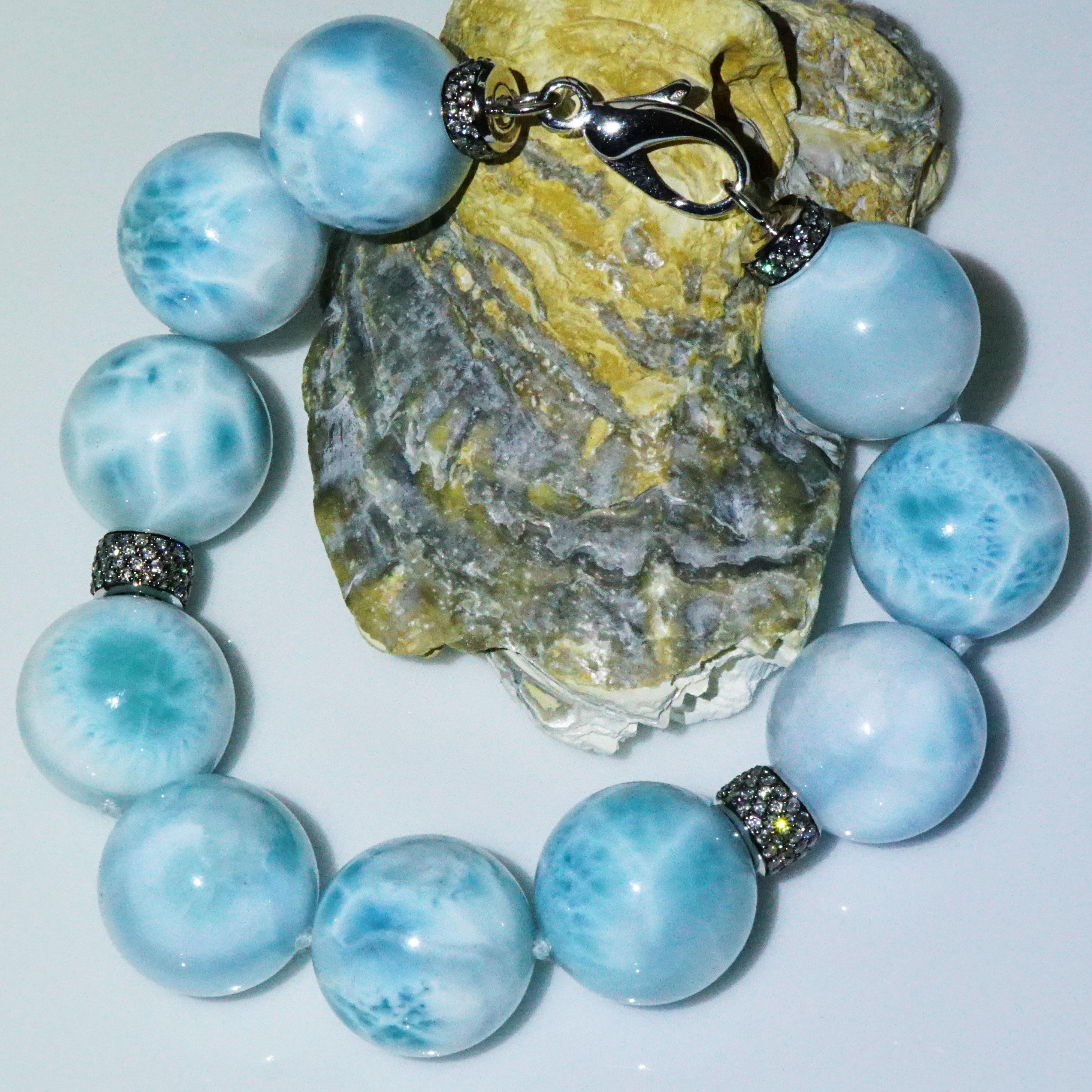 Larimar Ball Bracelet with 2.37 ct Grey Diamonds Skyblue Cloudy Beauty AAA+ 20mm For Sale 10