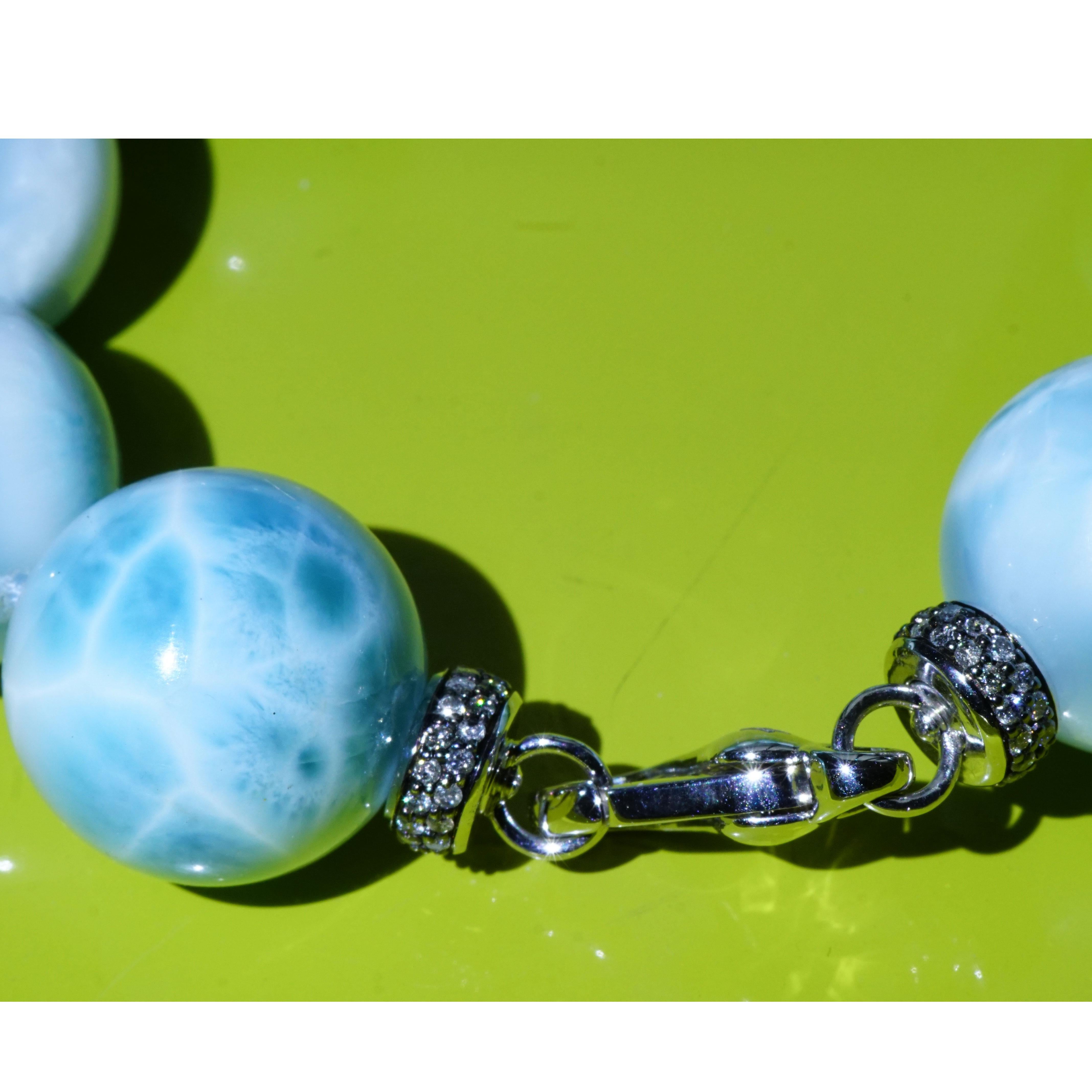Larimar Ball Bracelet with 2.37 ct Grey Diamonds Skyblue Cloudy Beauty AAA+ 20mm For Sale 12