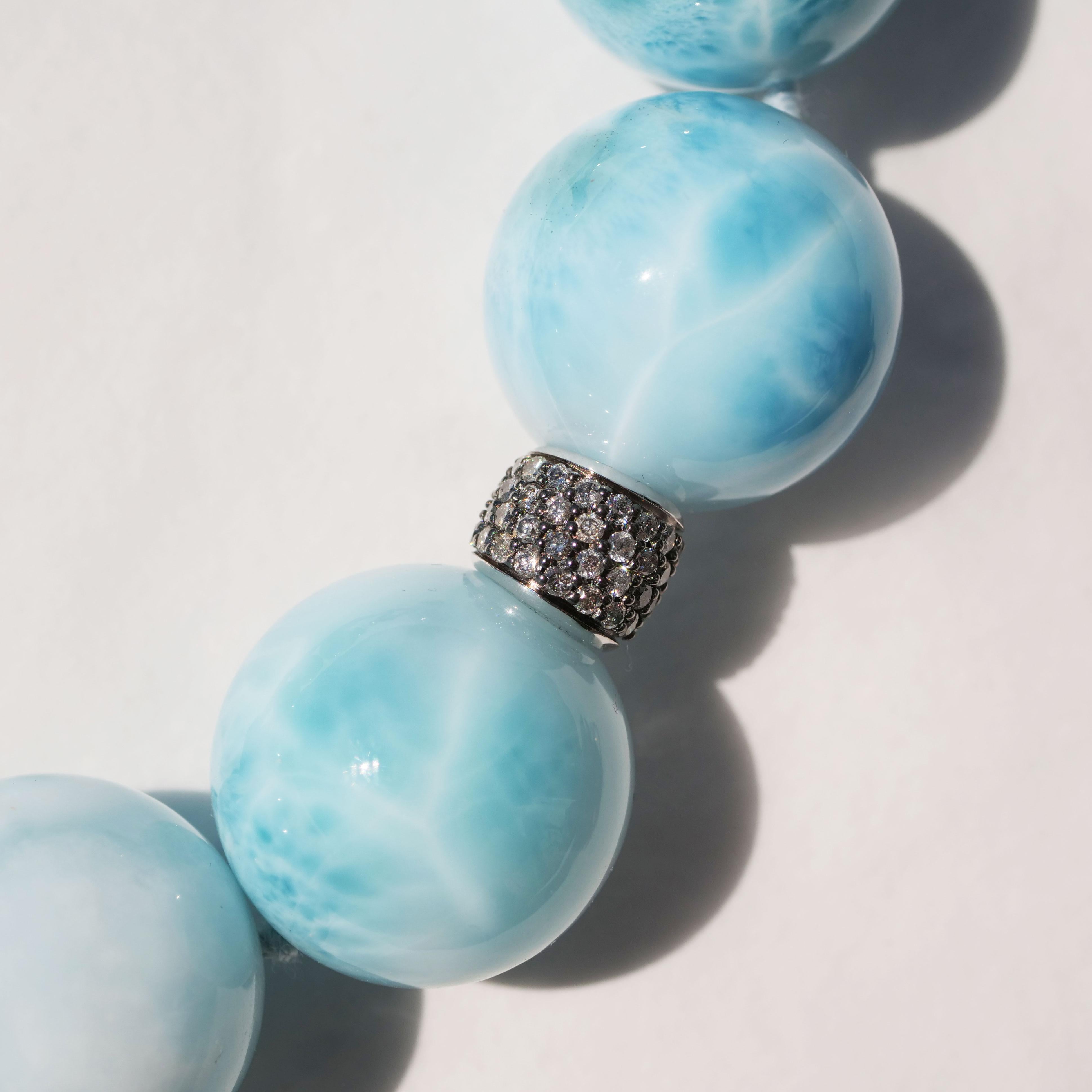 Larimar Ball Bracelet with 2.37 ct Grey Diamonds Skyblue Cloudy Beauty AAA+ 20mm For Sale 4
