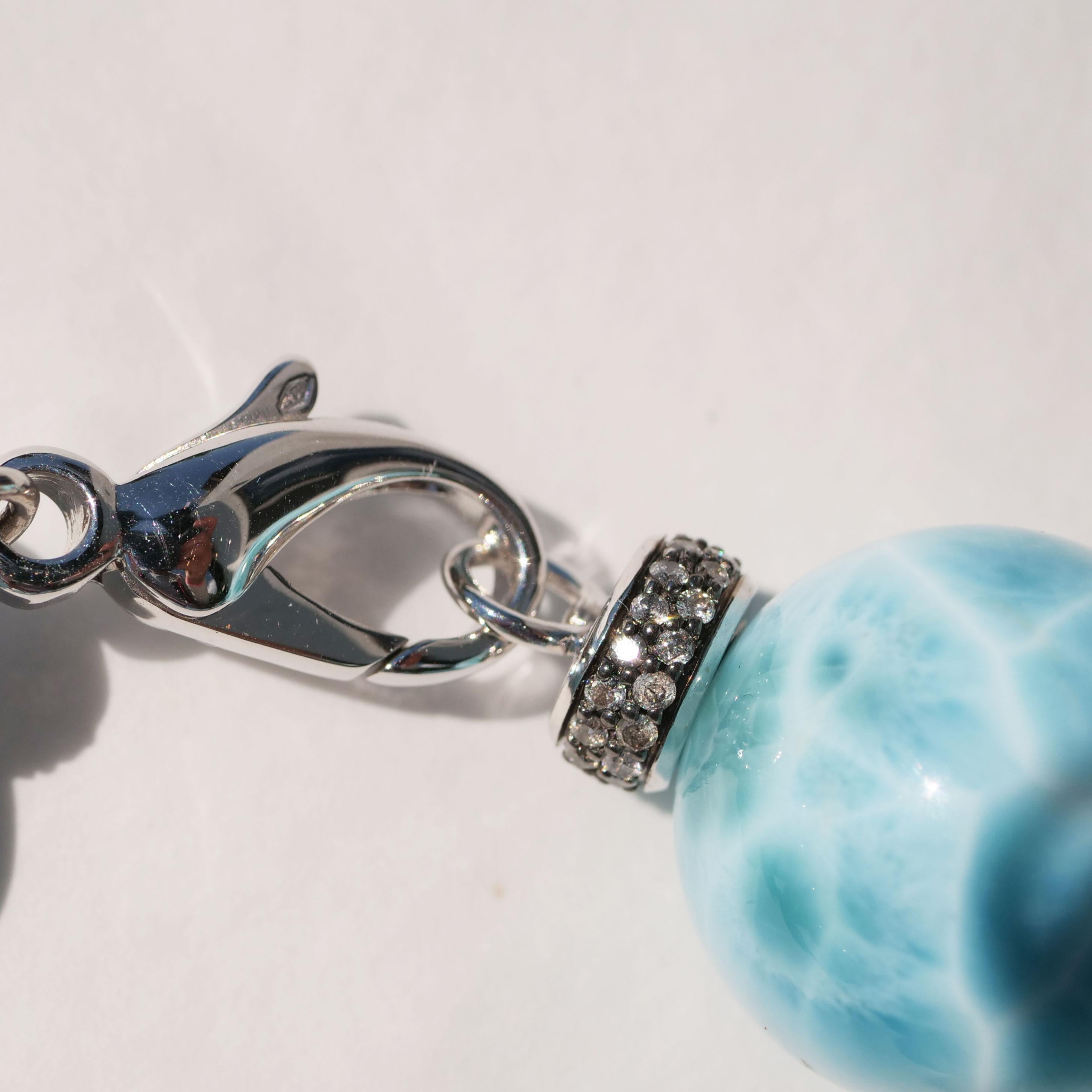 Larimar Ball Bracelet with 2.37 ct Grey Diamonds Skyblue Cloudy Beauty AAA+ 20mm For Sale 5
