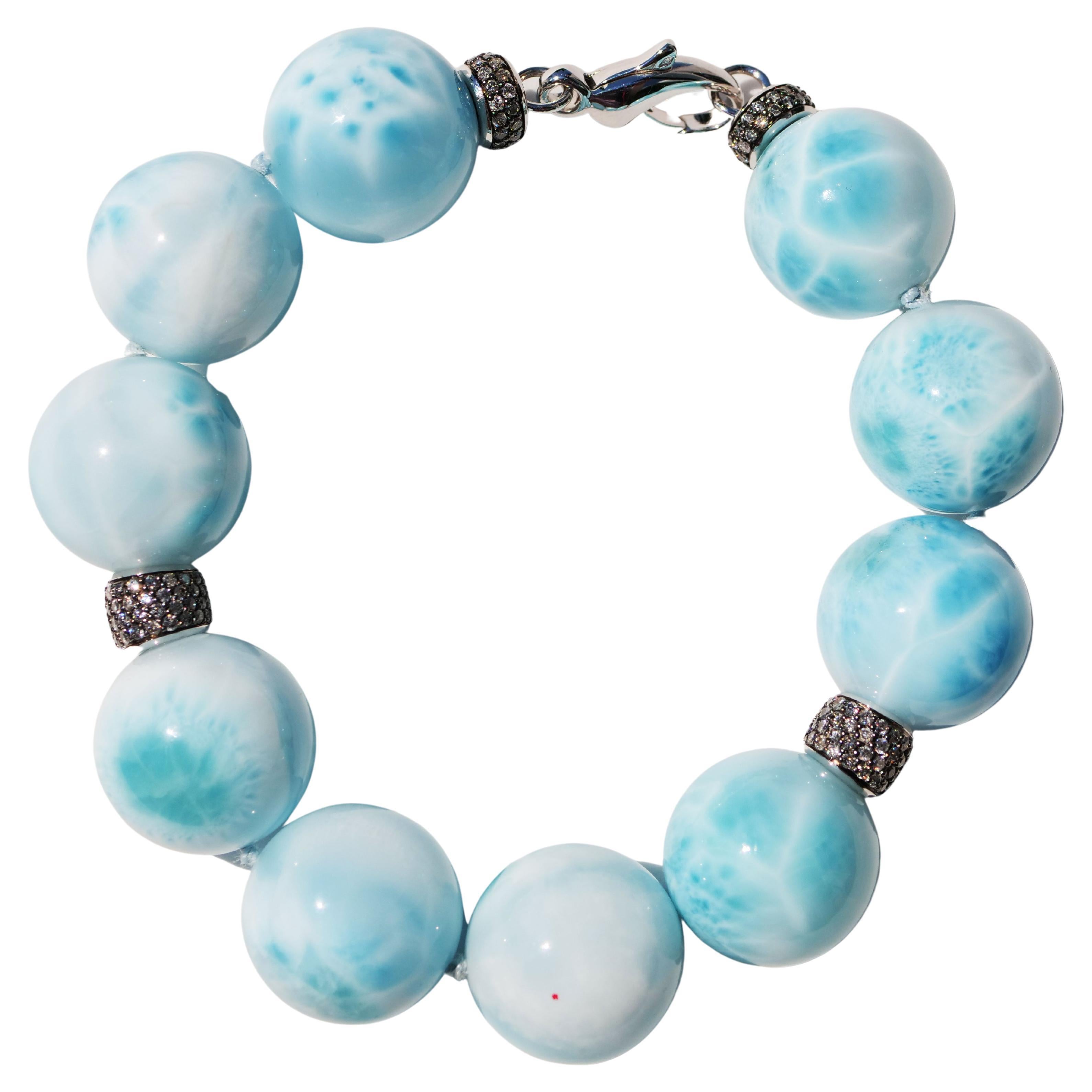 Modern Larimar Ball Bracelet with 2.37 ct Grey Diamonds Skyblue Cloudy Beauty AAA+ 20mm For Sale