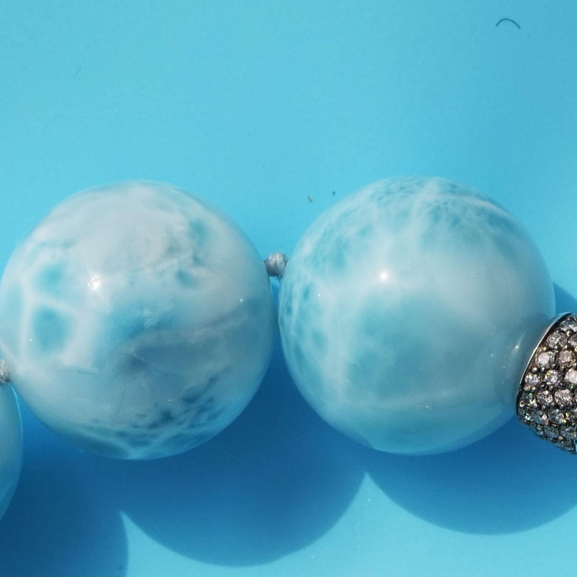 Women's or Men's Larimar Ball Bracelet with 2.37 ct Grey Diamonds Skyblue Cloudy Beauty AAA+ 20mm For Sale
