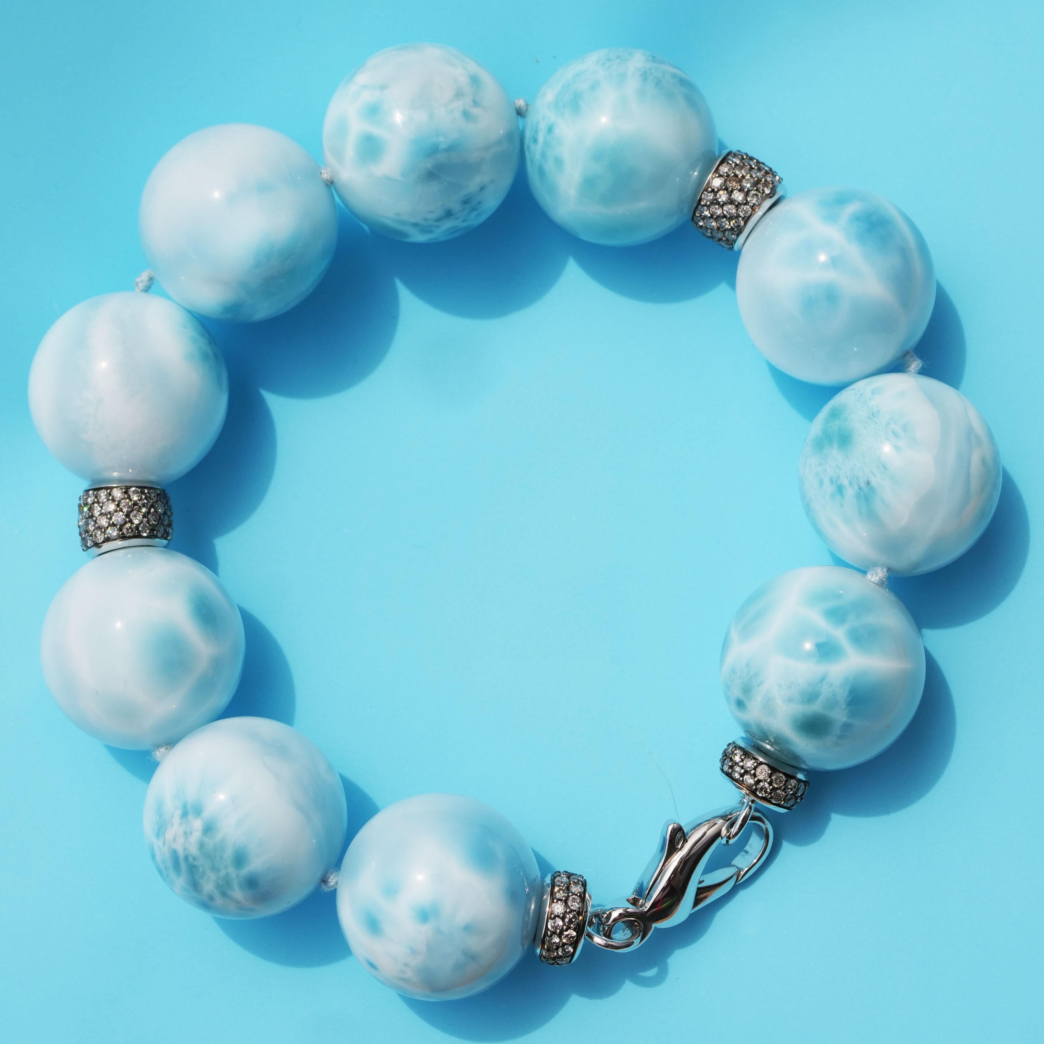 Larimar Ball Bracelet with 2.37 ct Grey Diamonds Skyblue Cloudy Beauty AAA+ 20mm For Sale 1