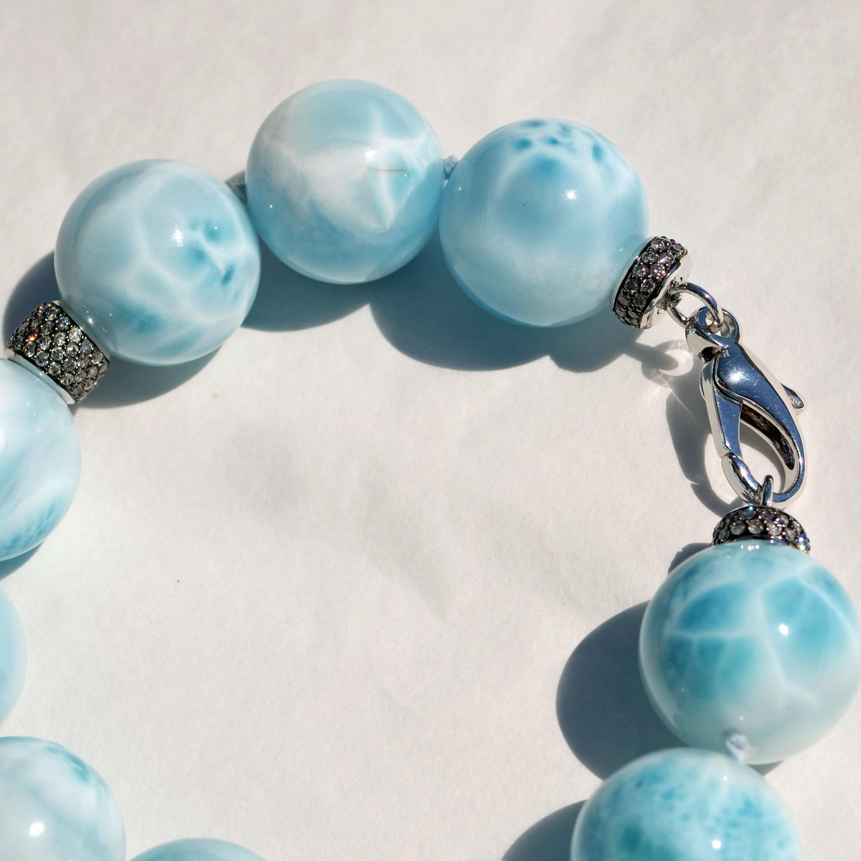 Larimar Ball Bracelet with 2.37 ct Grey Diamonds Skyblue Cloudy Beauty AAA+ 20mm For Sale 2