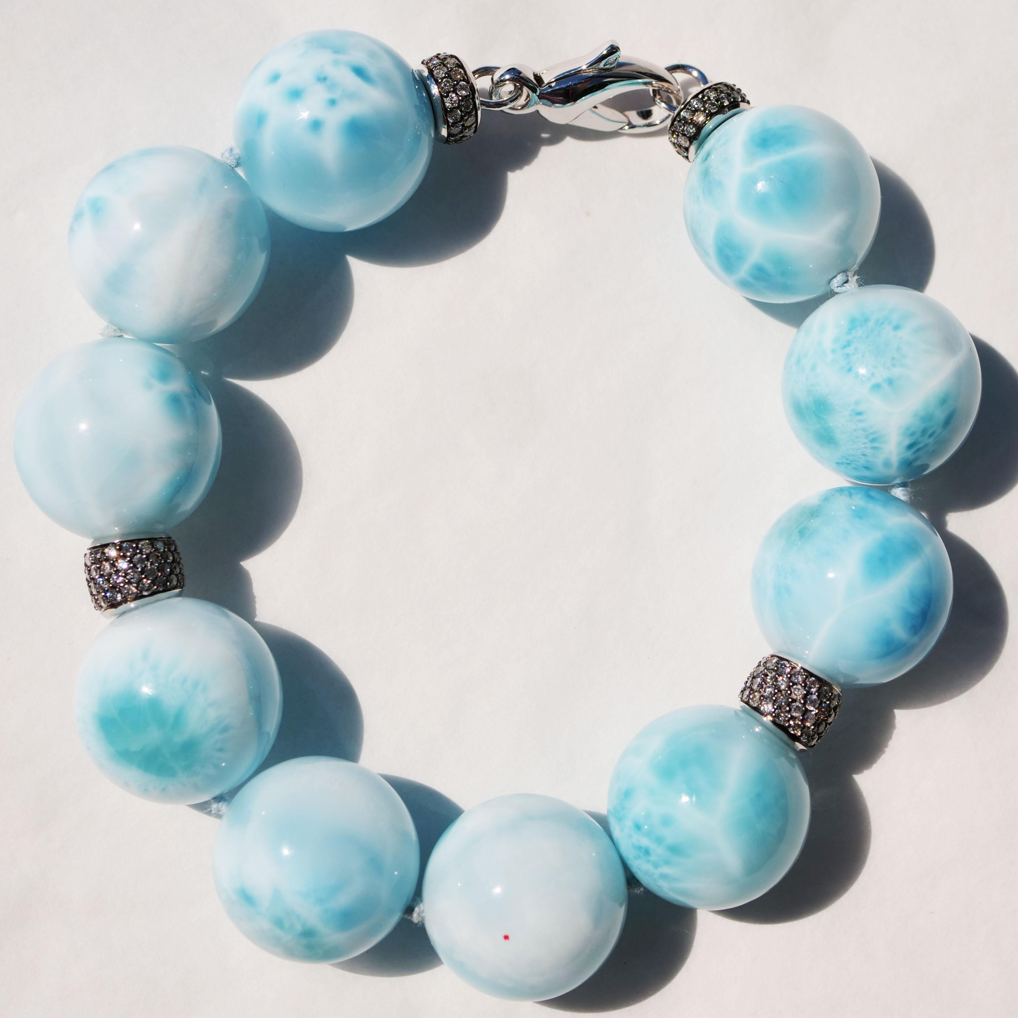 Larimar Ball Bracelet with 2.37 ct Grey Diamonds Skyblue Cloudy Beauty AAA+ 20mm For Sale 3