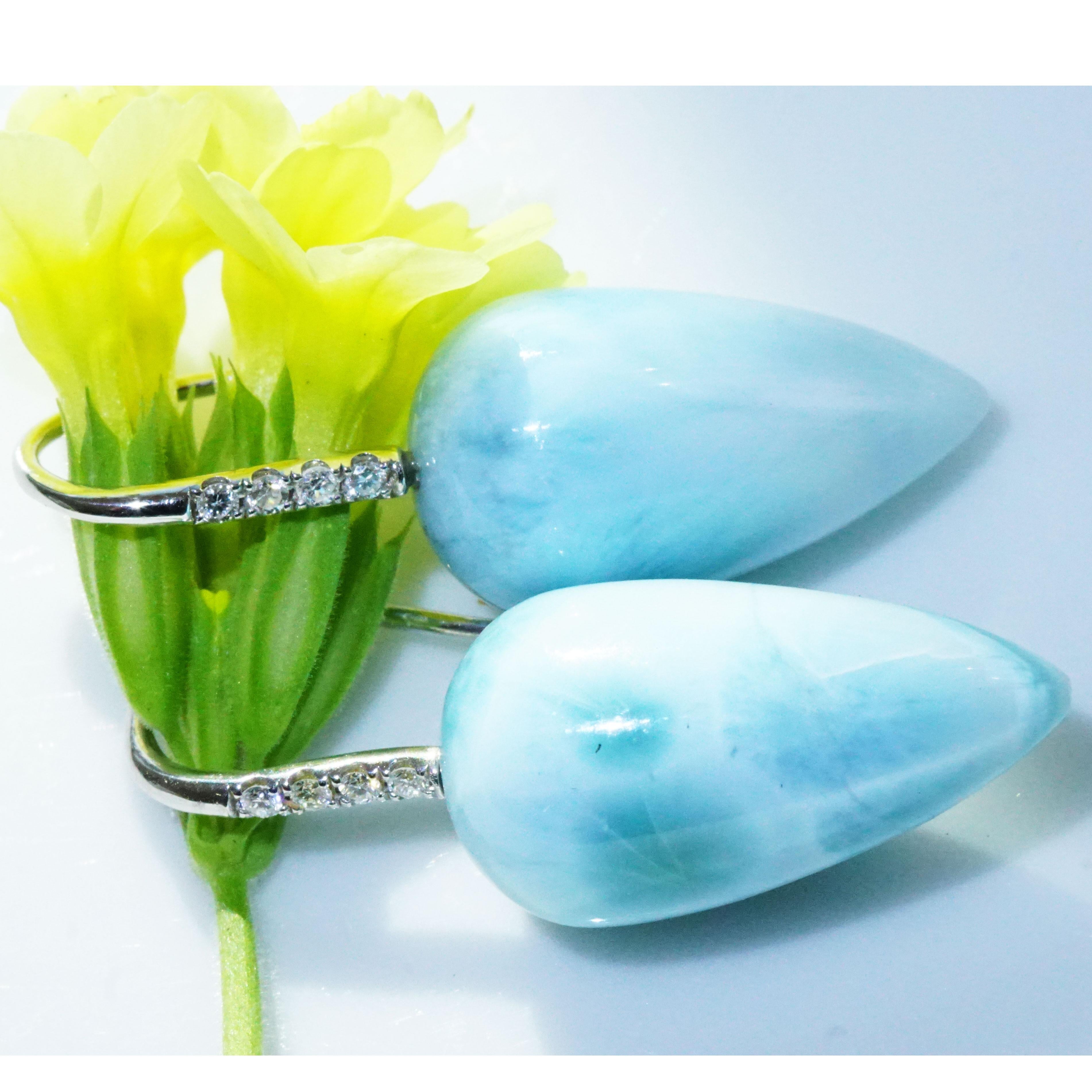 Modern Larimar Brilliant Earrings White Gold Cloudy Sky from the Dominican Republic For Sale