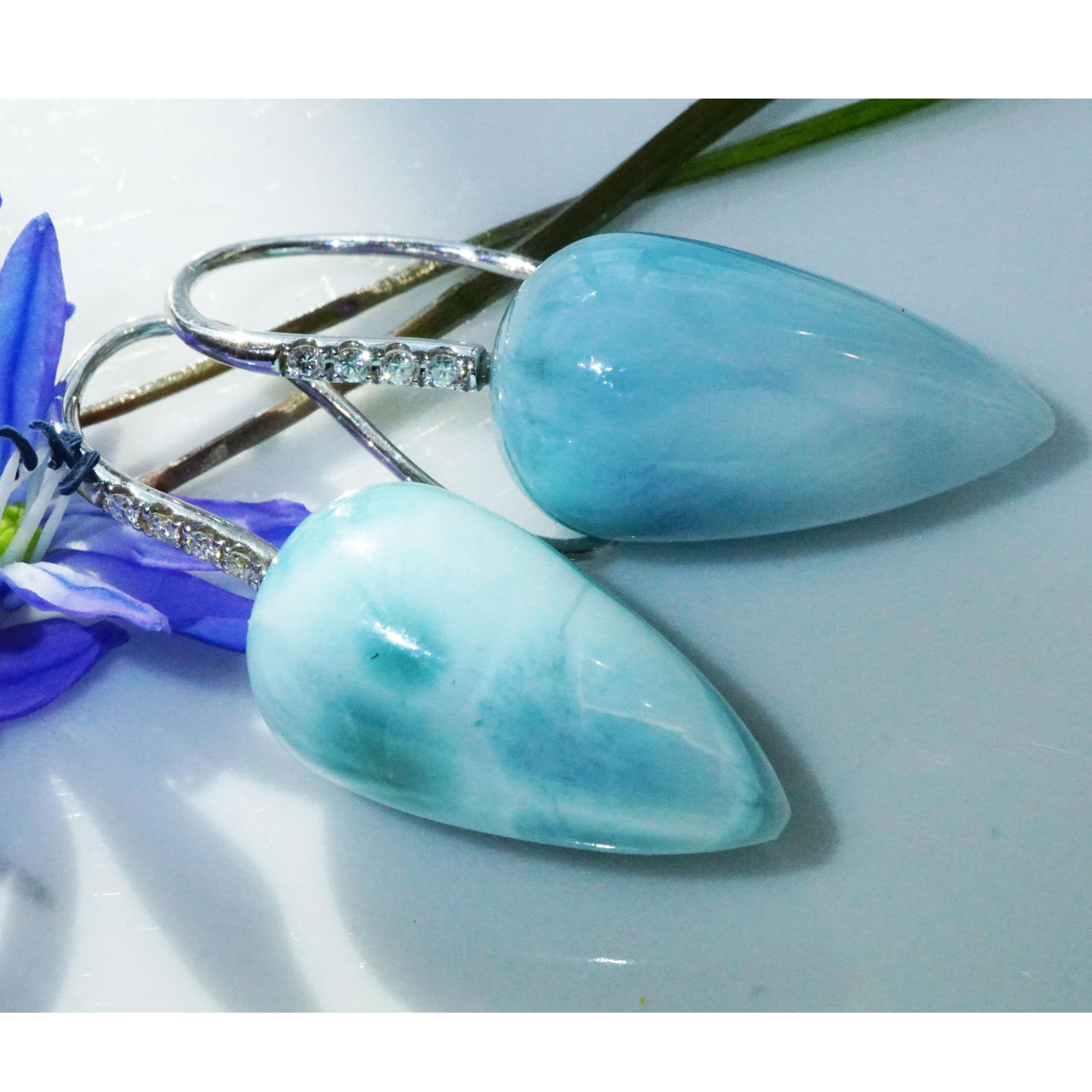 Pear Cut Larimar Brilliant Earrings White Gold Cloudy Sky from the Dominican Republic For Sale