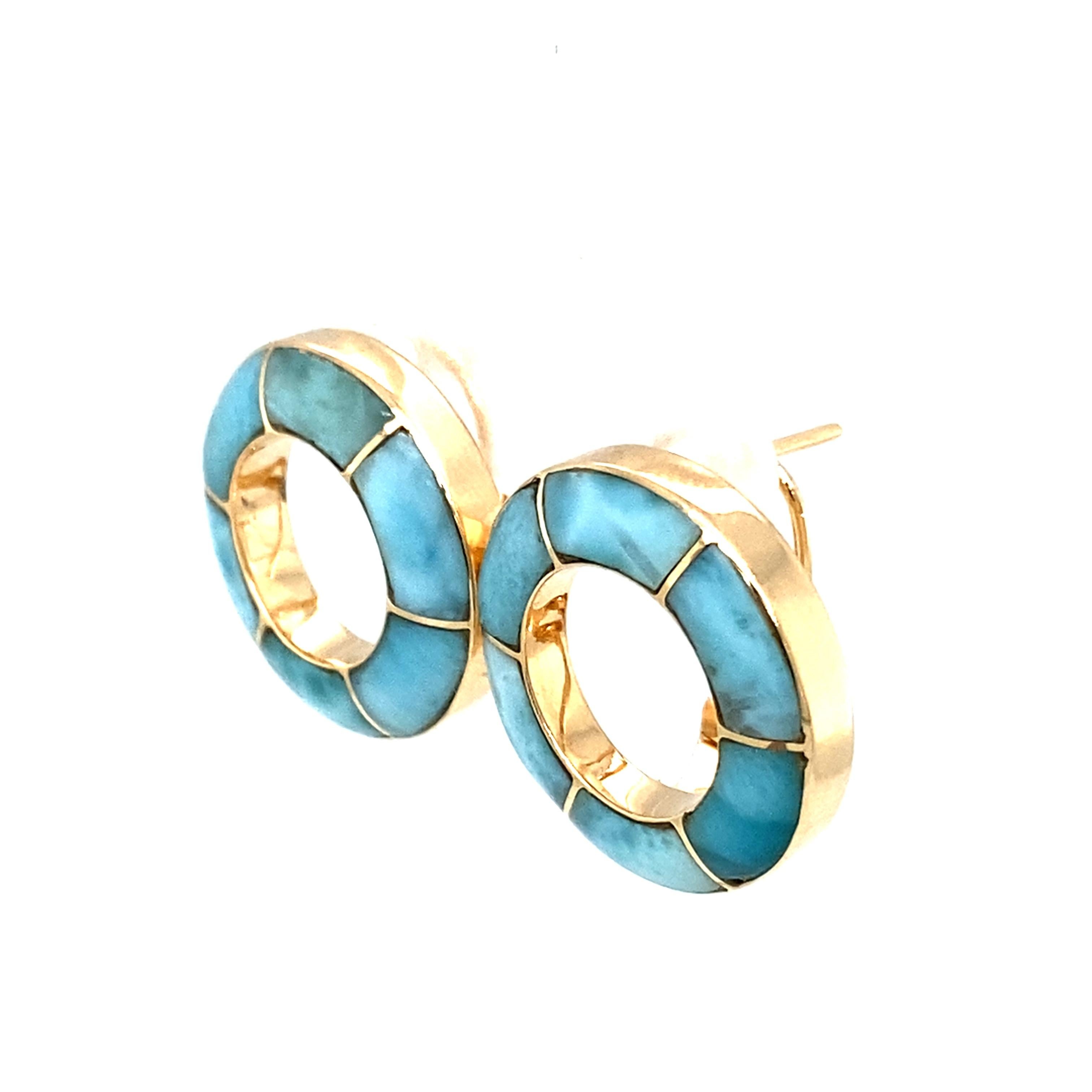Beautiful earrings featuring Larimar Inlay and 14 karat yellow gold 
6.1 grams
Hallmarked 14K

Item Features:
Each earring features 6 segments of beautiful Larimar inlayed and separated by a thin piece of gold, the pattern continues around creating