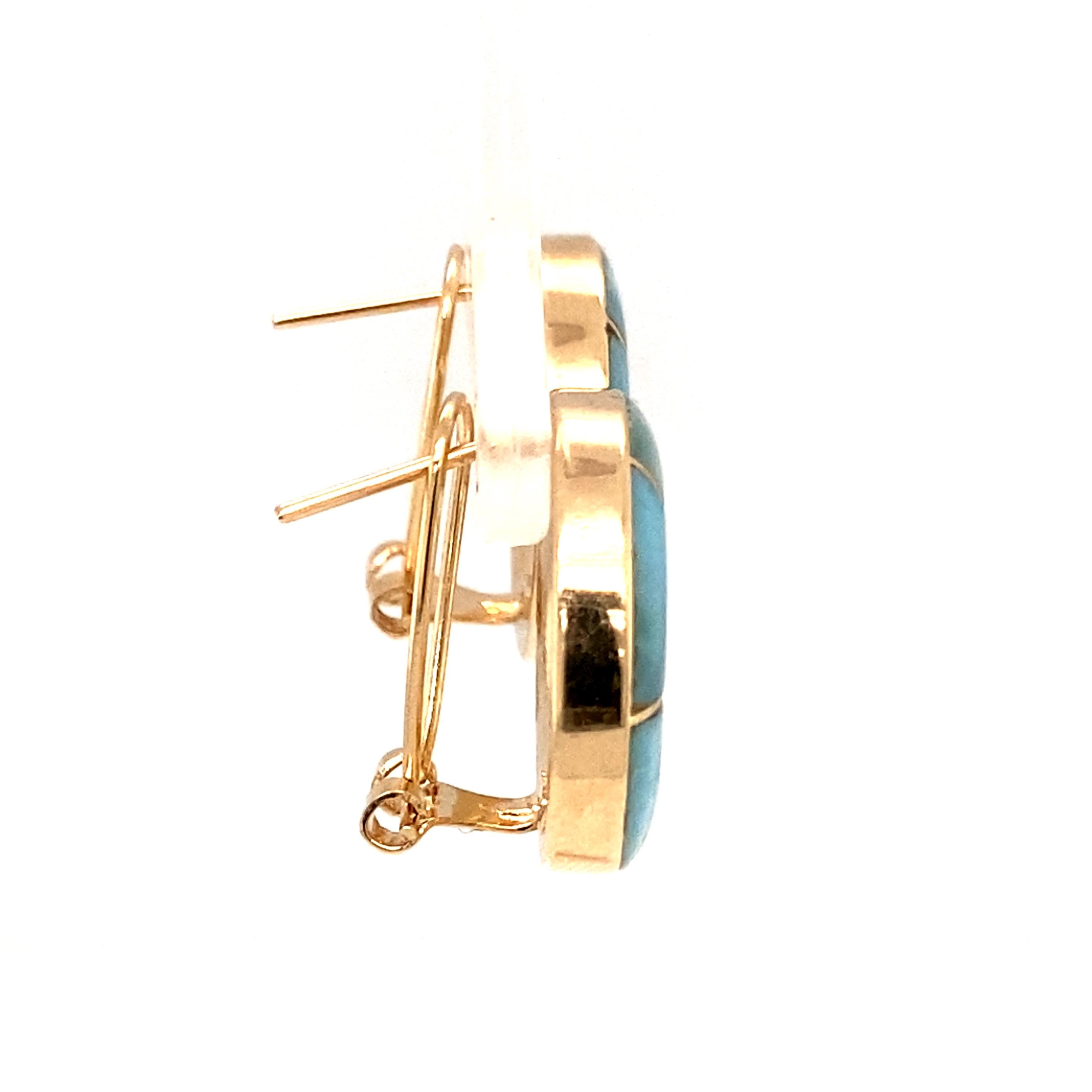 Cabochon Larimar Inlay Earrings in 14 Karat Yellow Gold For Sale