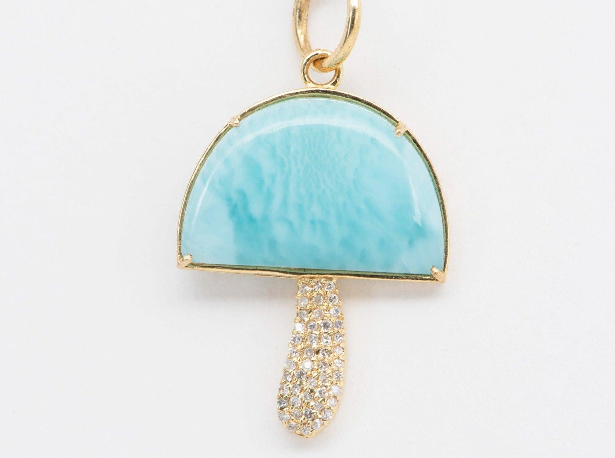 ♥ Solid 14k yellow gold Larimar mushroom and diamond stem pendant
♥ Gorgeous Blue color!
♥ The item measures 29.9 mm in length, 20,9 mm in width, and 5 mm in height.

♥ Gemstone: Larimar, Diamond 0.14ct
♥ All stone(s) used are genuine, earth-mined,