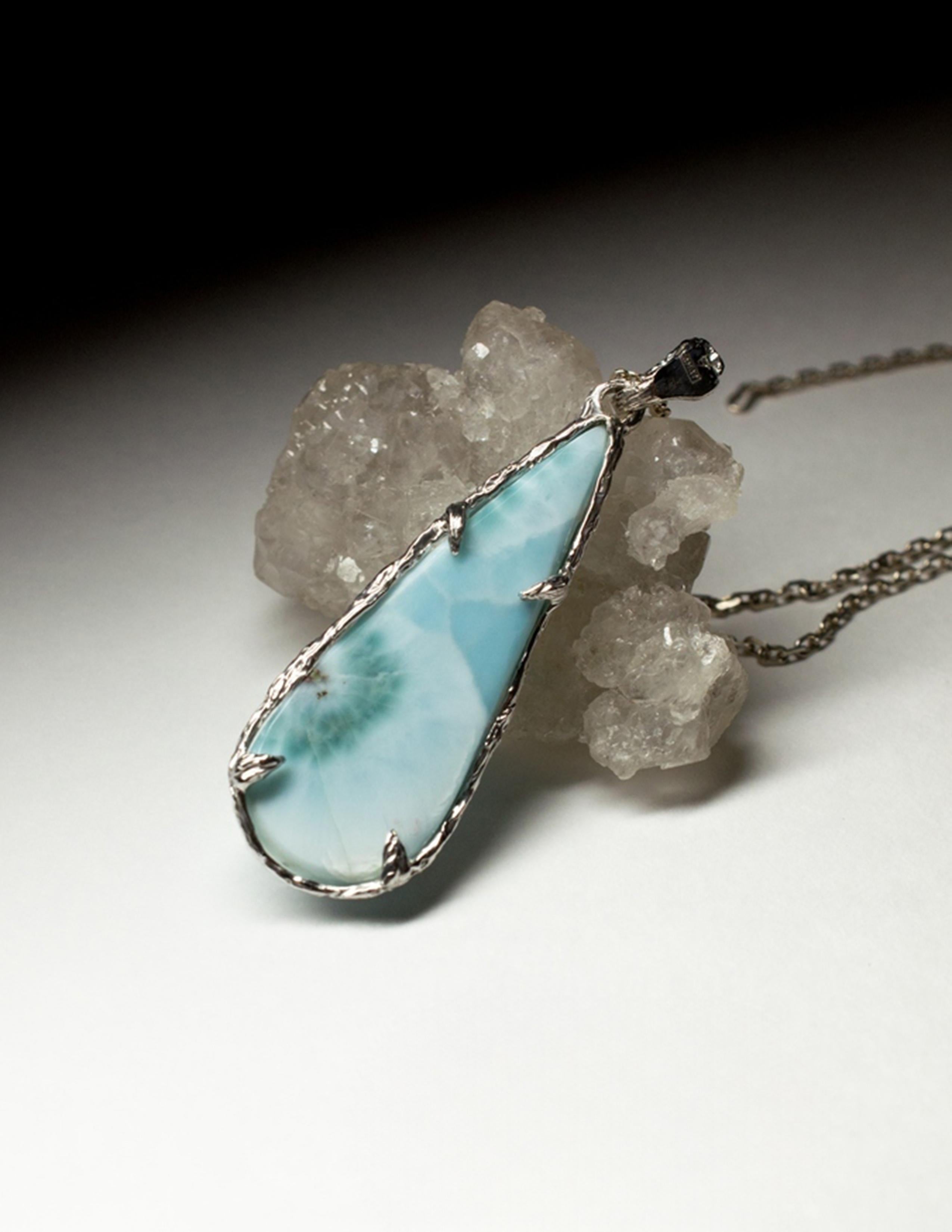 Artisan Larimar necklace silver Lagoon Mint Blue Natural Gemstone Mystique Style  For Sale
