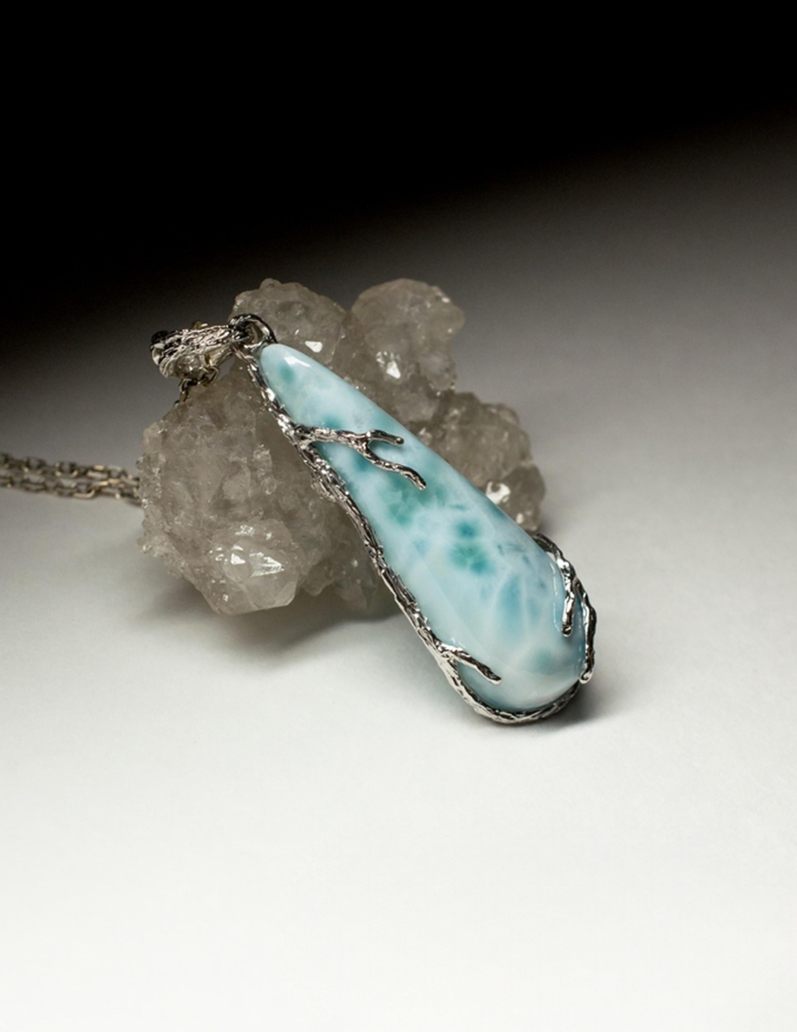 Pear Cut Larimar necklace silver Lagoon Mint Blue Natural Gemstone Mystique Style  For Sale