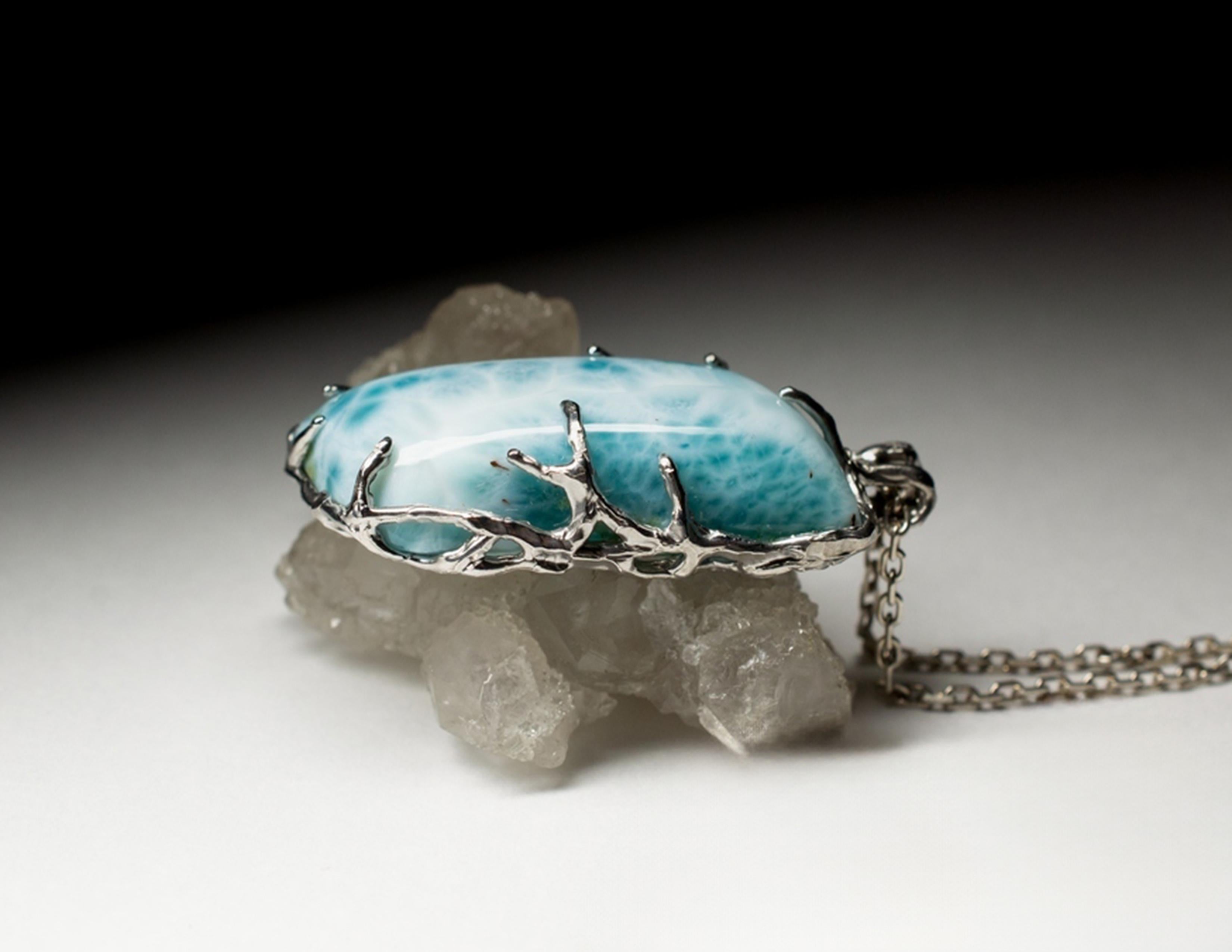 Artisan Larimar Silver necklace Blue pendant special person gift wedding anniversary For Sale