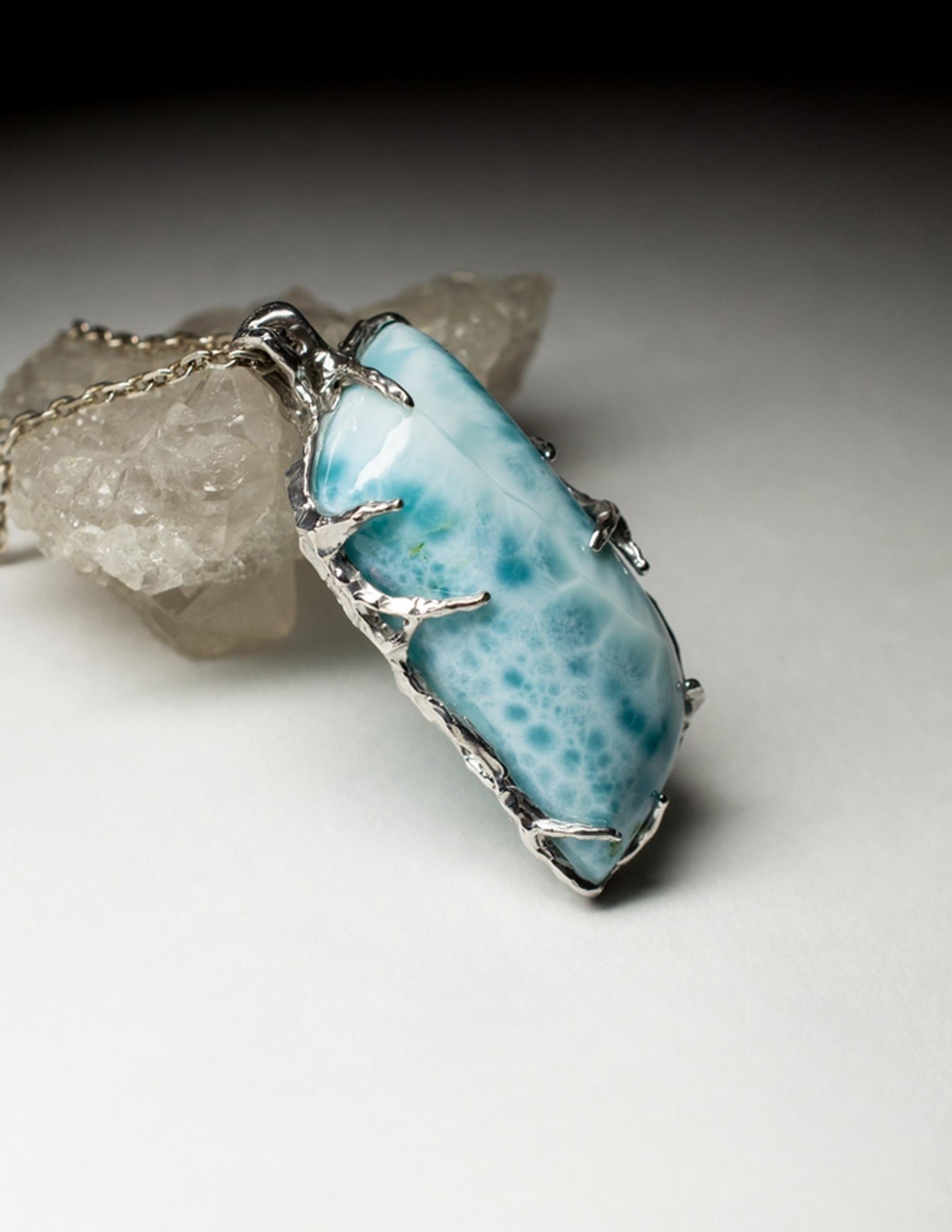 Women's or Men's Larimar Silver necklace Blue pendant special person gift wedding anniversary For Sale