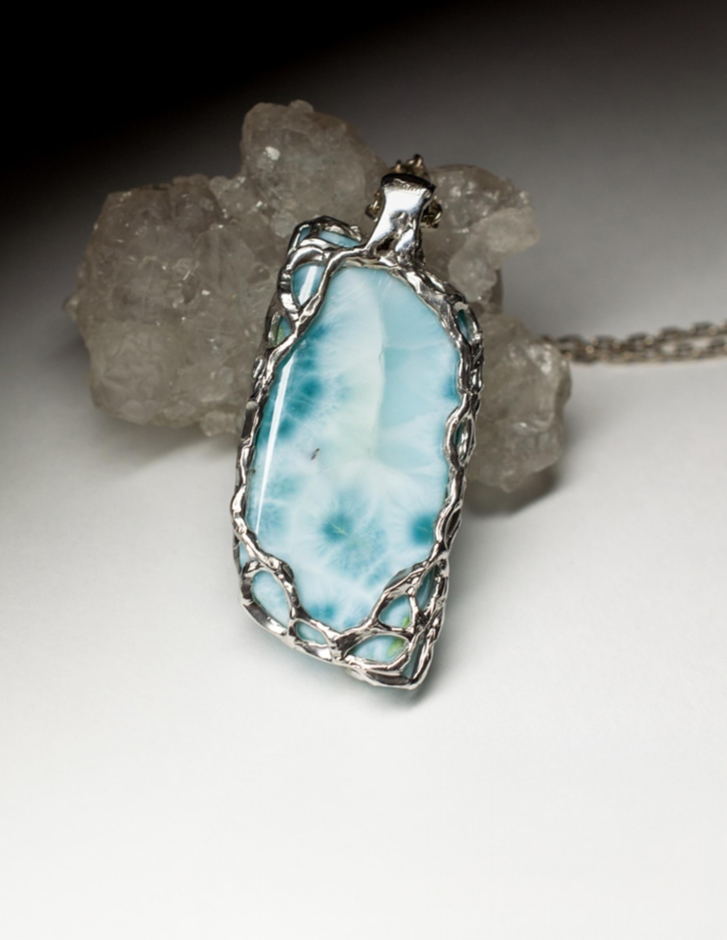 Larimar Silver necklace Blue pendant special person gift wedding anniversary For Sale 2
