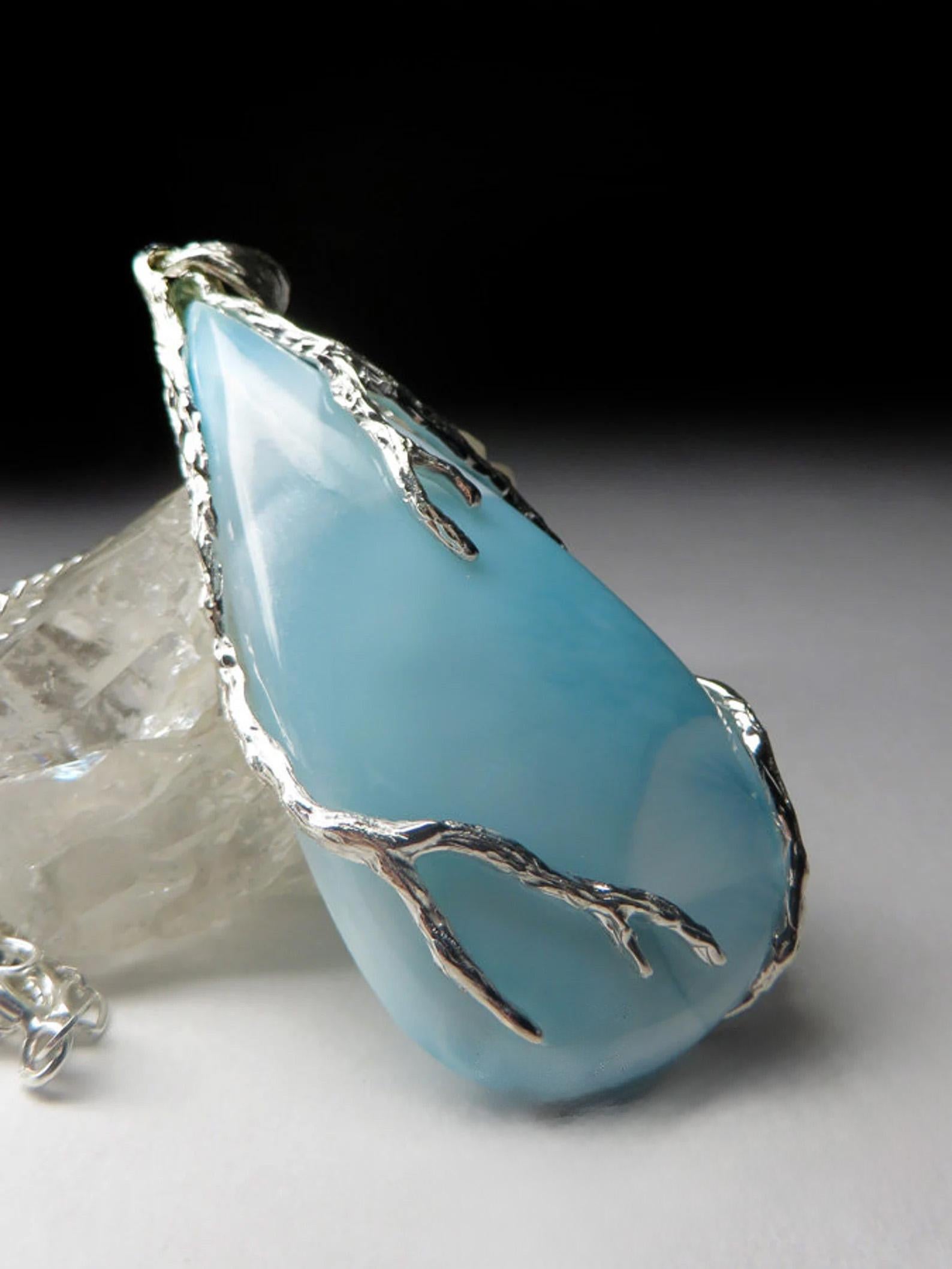 Artisan Larimar Silver Pendant gift necklace Blue Natural Gemstone gift For Sale