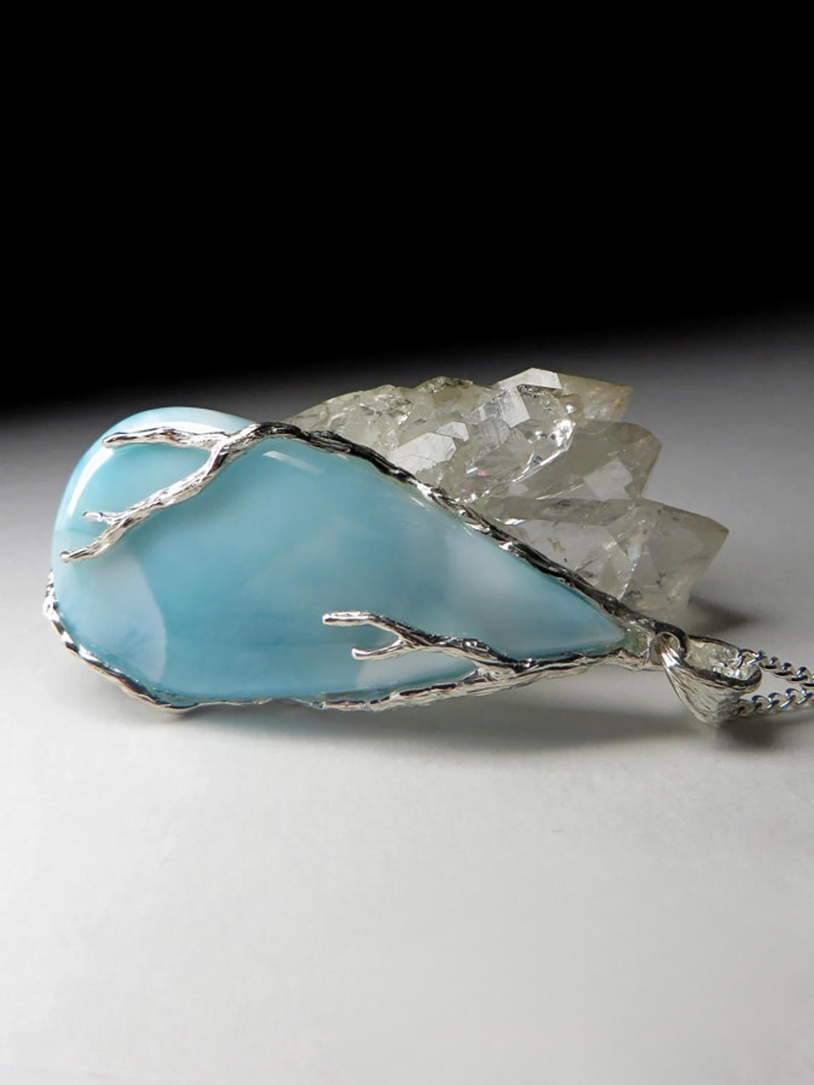 Pear Cut Larimar Silver Pendant gift necklace Blue Natural Gemstone gift For Sale
